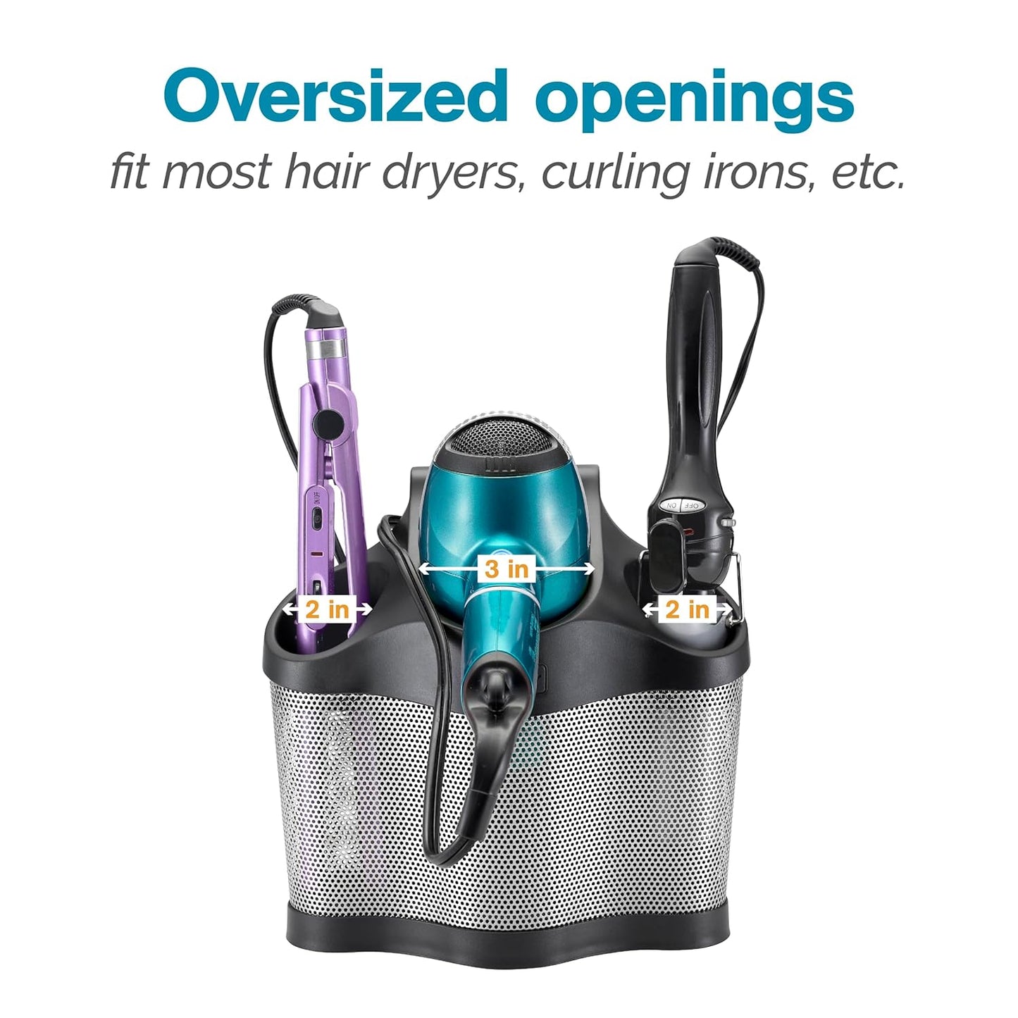 Polder Style Station, Organization for Styling Tools: Hair Dryers,Curling Irons, Straighteners, Brushes, Hang Over Towel Rack, Store Undersink or in Drawer, Black and Silver