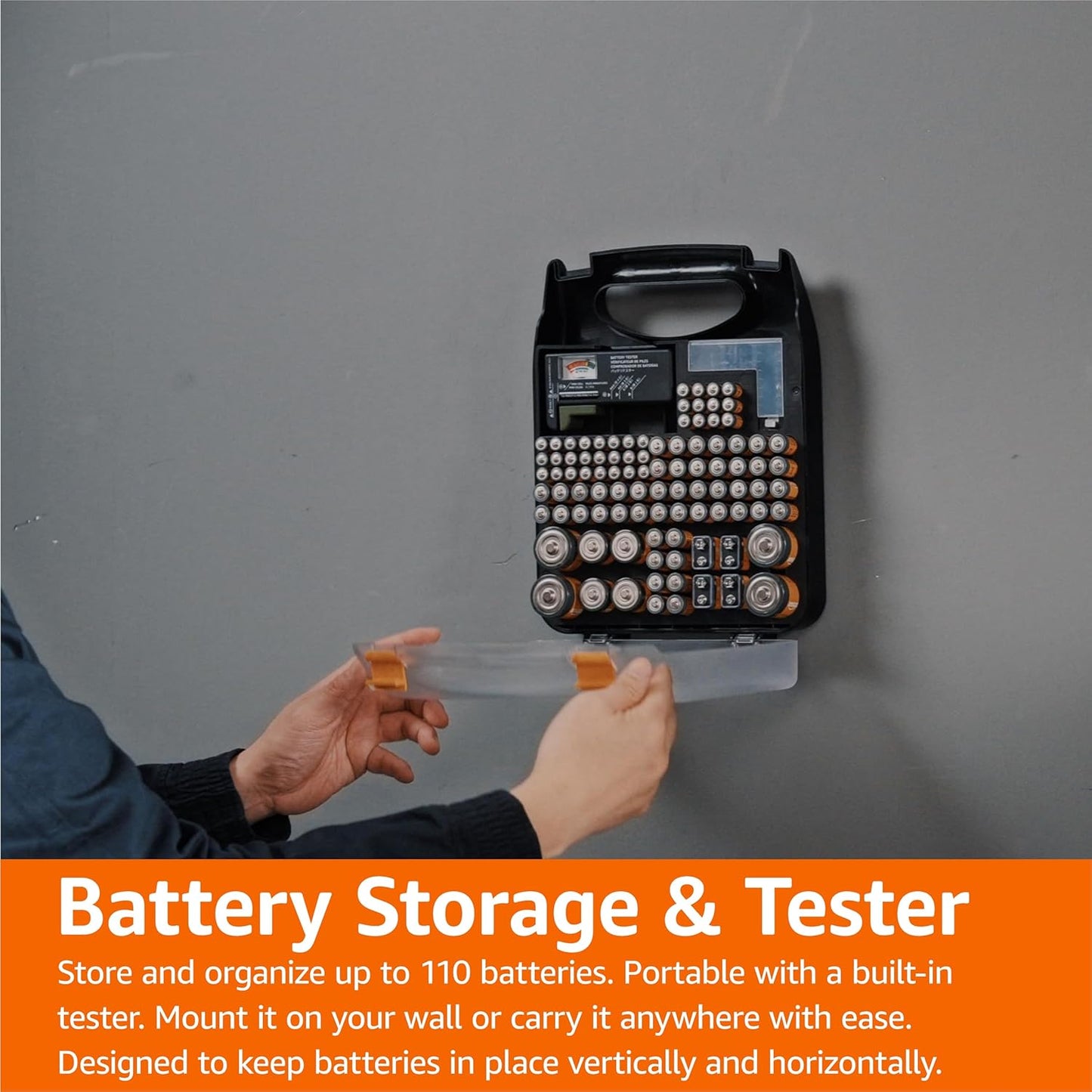 Amazon Basics Battery Organizer with Tester, Wall-Mounted Design, Handle Holds 110 Batteries, Clear/Black