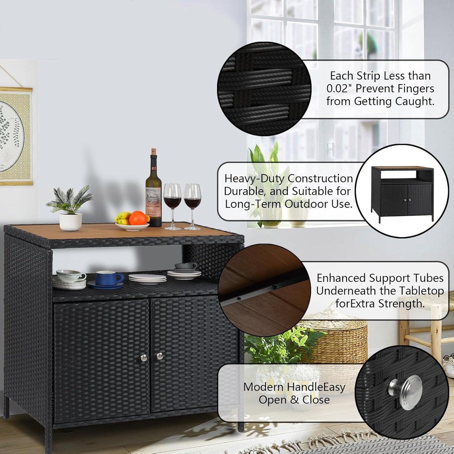 Garvee Patio Outdoor Wicker Storage Cabinet with Shelf, Powder Coated Steel, Patio Bar Table with 2-Door and Shelf, All Weather Resin Wicker, Patio Pool Garden Kitchen, Brown Table