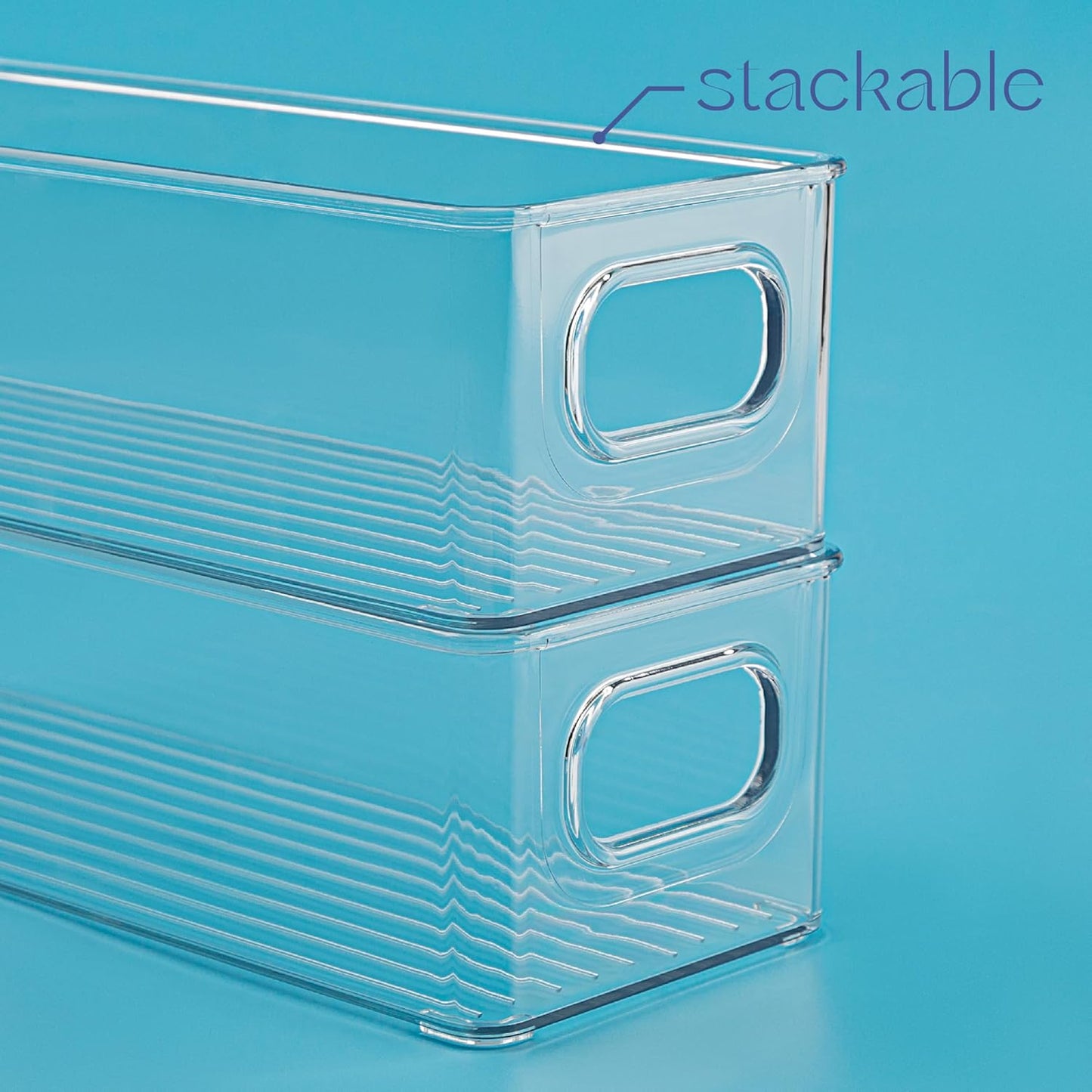 primebox Plastic Food Storage 4 Pack Clear Container Bin with Handles for Organizing Kitchen, Pantry, Fridge, Freezer, Pantry,Bathroom. Stackable. 10"x4"3"