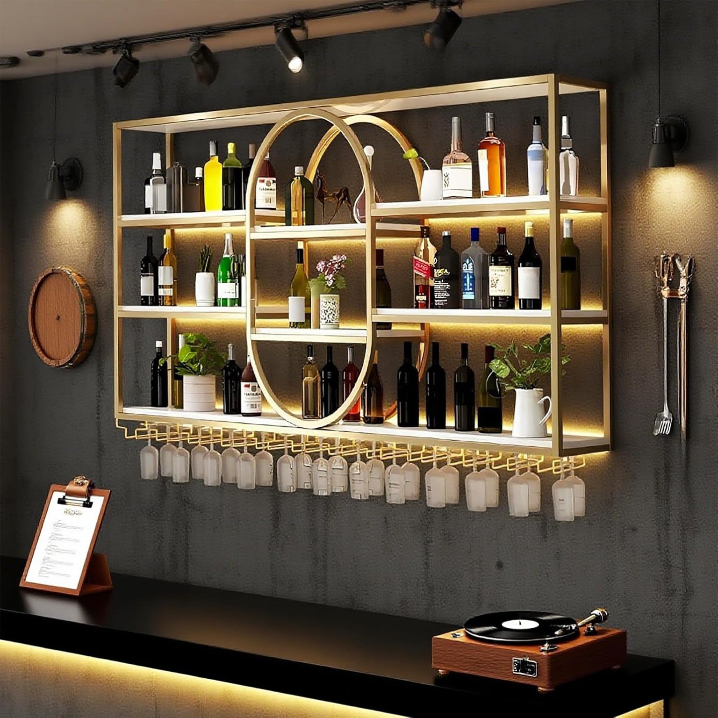 55.1IN Large Wall Mount Wine Rack, Metal 4 Tier Hanging Bottle Holder with Wine Glass Storage Racks, Modern Floating Wine Shelves for Home Bar Dining Room Decoration (Gold)