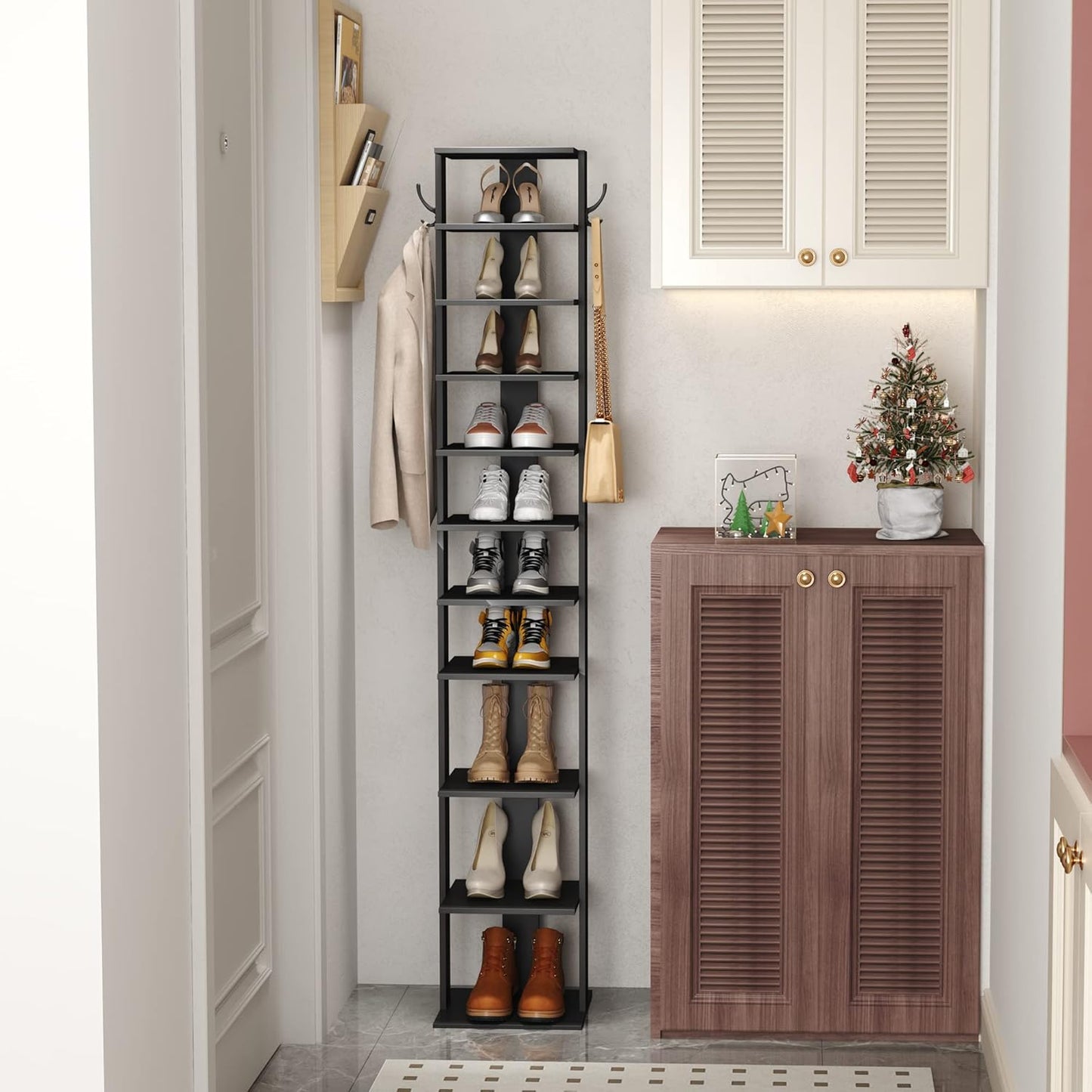 HOMEFORT 10-Tier Vertical Shoe Rack, Corner Shoe Tower, Slim Shoe Organizer with Two Hanging Hooks, Wooden Shoe Storage Stand for Entryway, Hallway, Closet (Black)