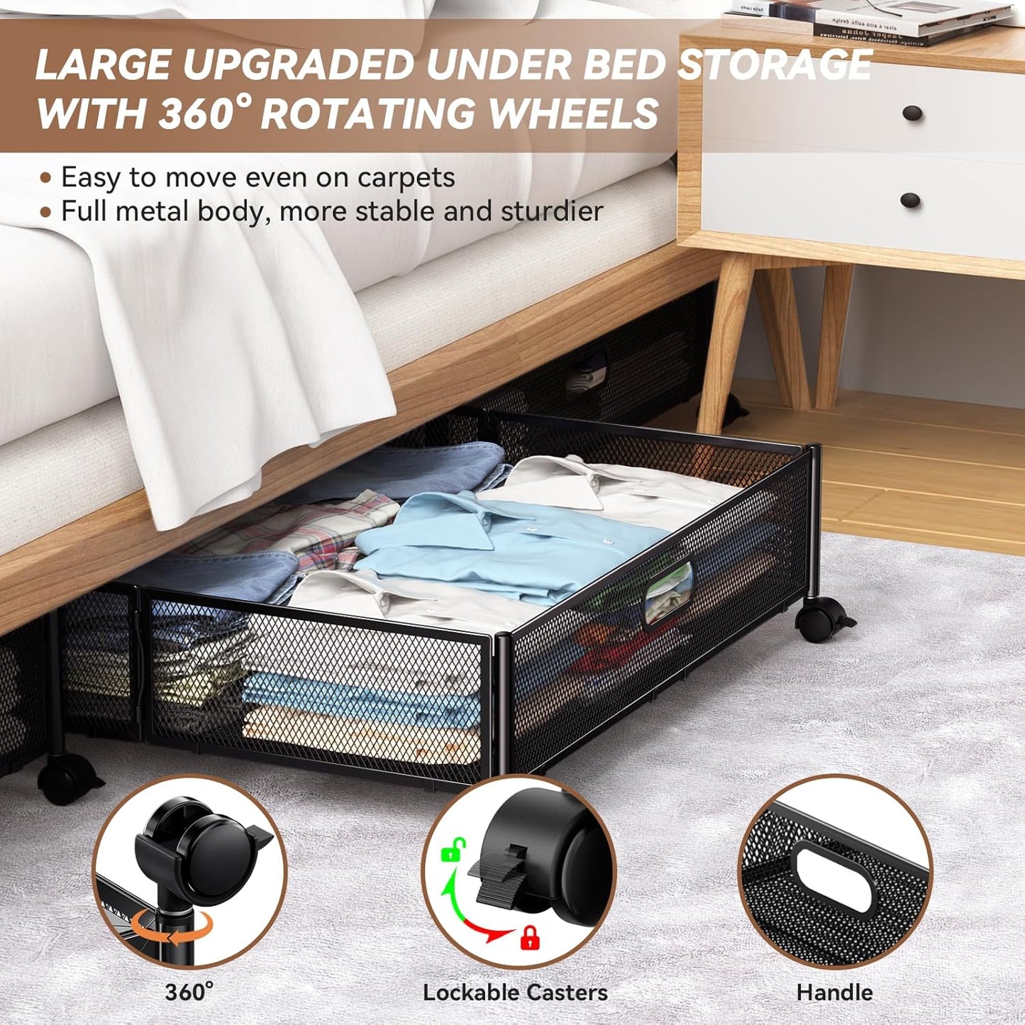 Under Bed Storage Containers with Wheels - Shoe Storage Organizer Drawer, Tool-free Assembly Metal Underbed Storage for Bedroom Clothes, Shoes, Blankets - 4Pack