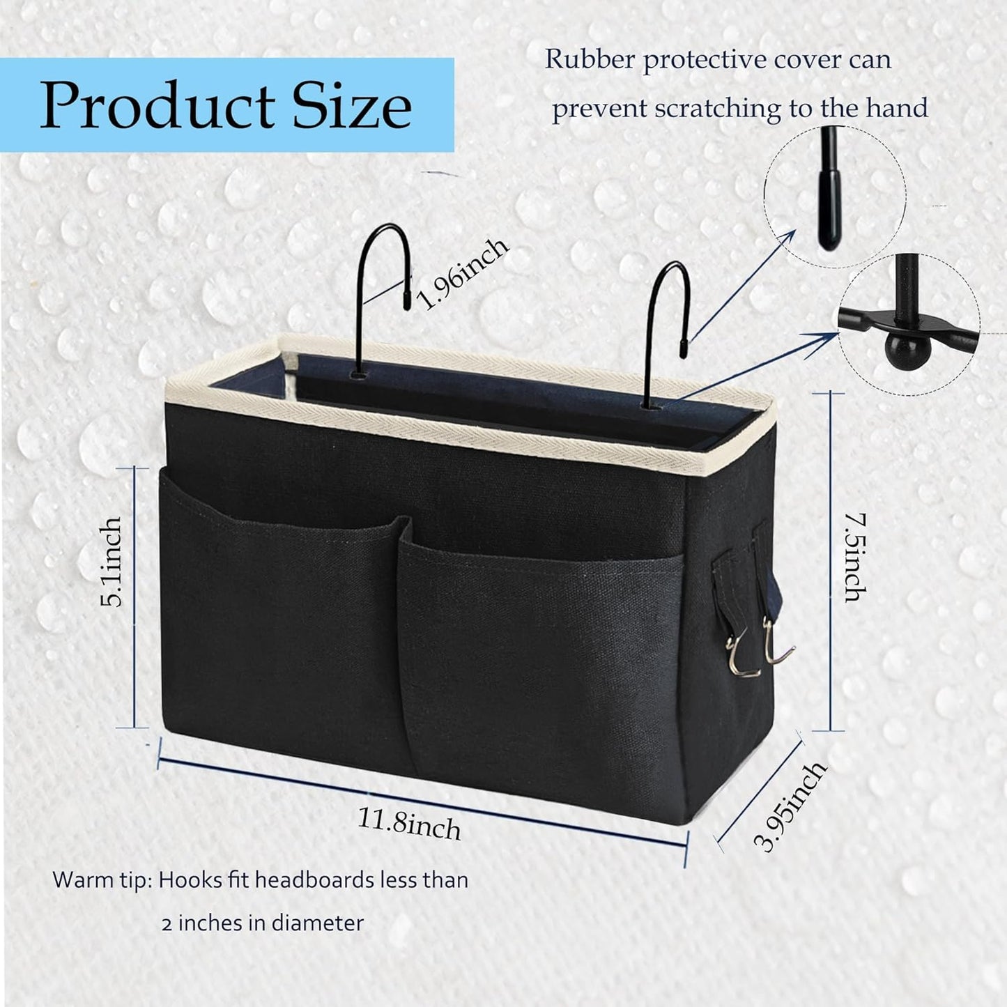 Bedside Caddy Bedside Hanging Storage Basket Multi-Function Organizer Caddy for Bunk and Hospital Beds Dorm Rooms Bed Rails, Can be Placed Glasses Books Mobile Phones（Black）