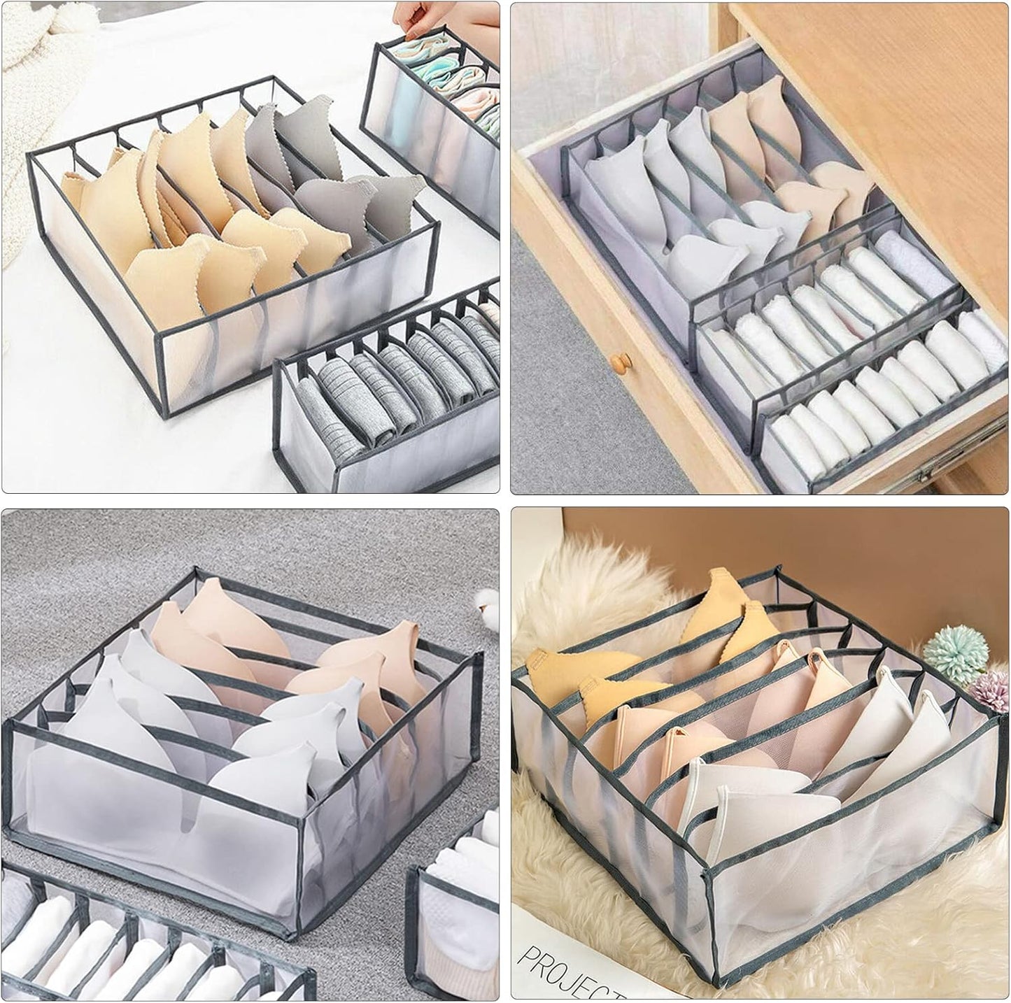 TOOVREN Bra Drawer Organizers, Underwear Wardrobe Organizers Divider, Lingerie Storage Bins, Closet Organizers and Storage Boxes, Foldable Closet Storage Box for Underwear Bra Socks (6 Grids,2 Pack)