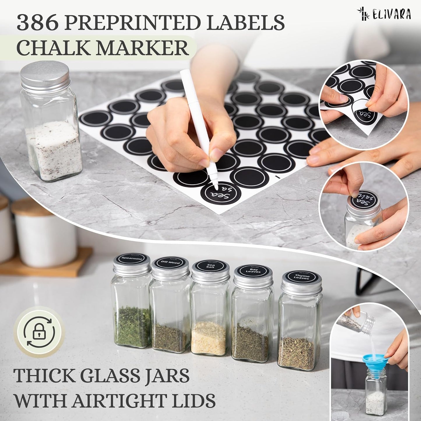 4-Tier Spice Rack Organizer Set – Wall Mounted or Countertop – Includes 28 Glass Spice Jars, 386 Spice Labels, Funnel, and Chalk Marker – Kitchen Spice Storage Solution