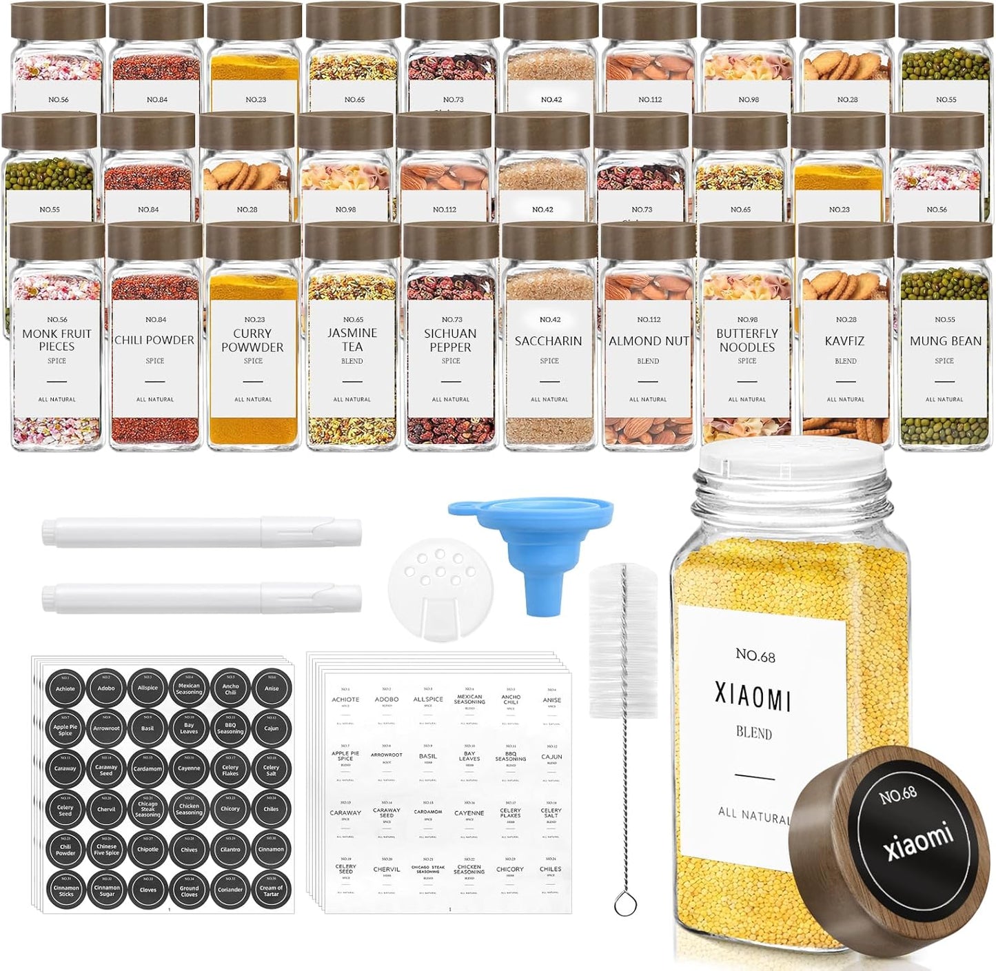 ZEHIQ 30Pcs Glass Spice Jars with Acacia Wood Lids, 4 oz Square Seasoning Containers with Labels, Seasoning Jars with Shaker Lids, Chalk Pen, Funnel, Cleaning Brush, Spice Bottles for Cabinet, Drawer