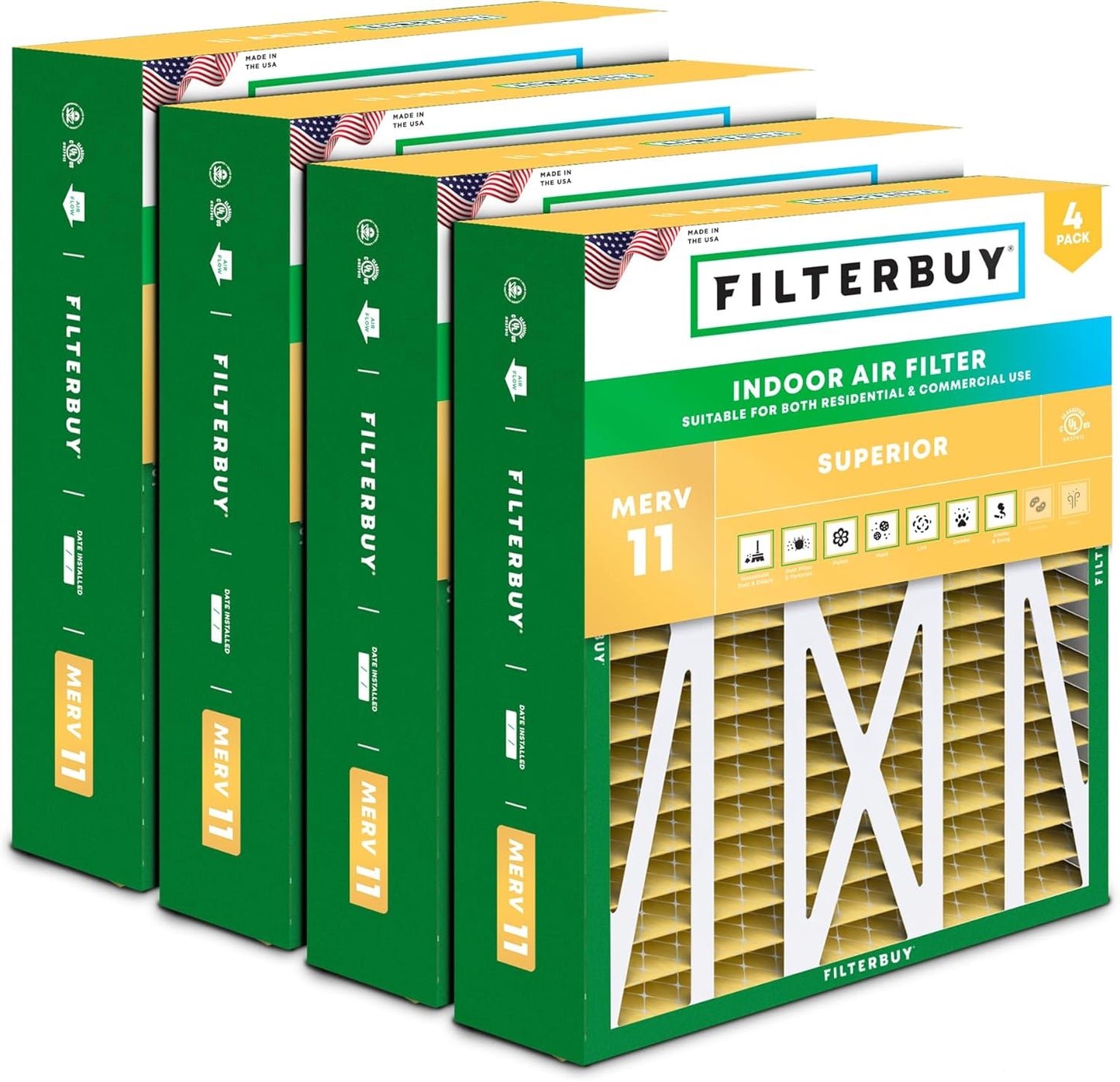 Filterbuy 17.5x21x5 Air Filter MERV 11 Superior Pet & Allergy Defense (4-Pack), Electrostatic Pleated HVAC AC Furnace Filters for Rheem, Ruud, and Protech (Actual Size: 17.13 x 20.63 x 4.38)