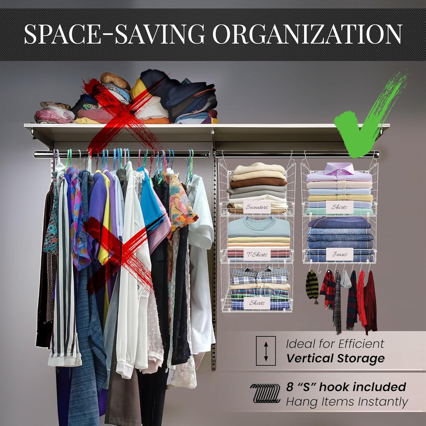 DECOLURE 5-Tier Adjustable Hanging Closet Organizer – Maximize Hanging Storage w/ 4 Hanging Hooks, 8 S Hooks & 5 Name Plates - Sturdy Foldable Wire Storage Hanging Shelves for Clothes, Towels (White)