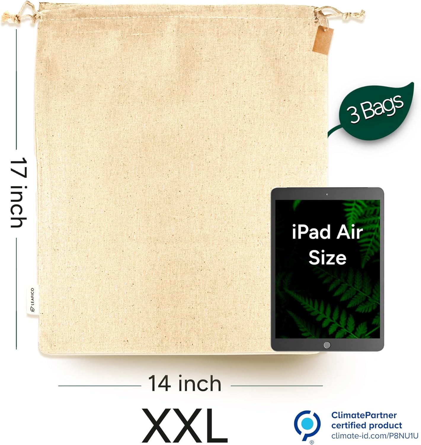 LEAFICO Reusable Produce Storage Bags - XX-Large 19x23 3 Pack - Breathable Muslin Fabric Sacks with Drawstrings – Dust-Proof Travel Cotton Bags for Laundry, Clothes, Purses