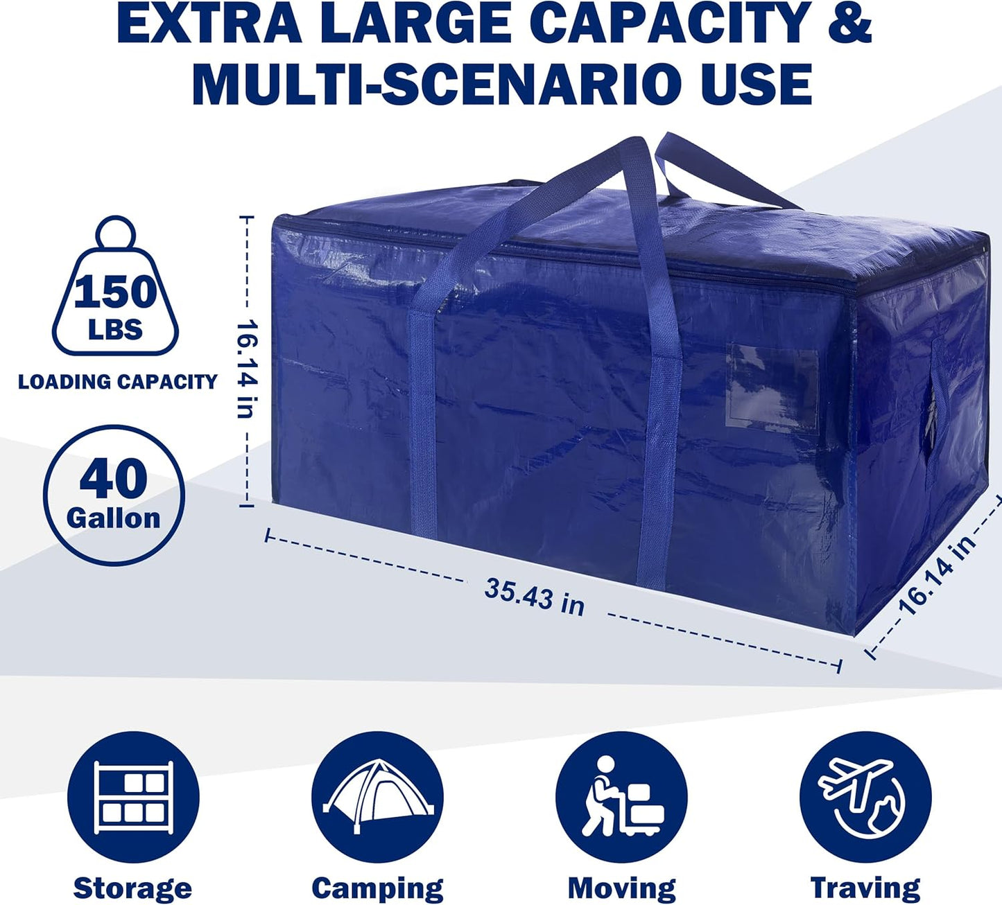 4 Pack Extra Heavy Duty Large Moving Bags with Strong Zipper & Carrying Handles, Sturdy Clothes Storage Bag Totes Bins, Packing Bags Moving Boxes College Moving Supplies, Dark Blue - 40 gal