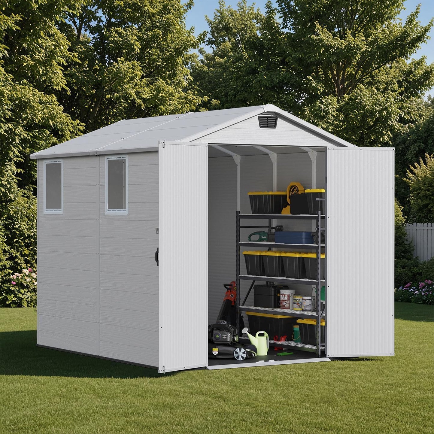 Patiowell 6x8 FT Outdoor Storage Shed with Floor, Resin Garden Tool Shed with Lockable Door & Windows, Weather-Resistant for Lawn Mower, Patio Furniture, Backyard Storage (Light Gray)