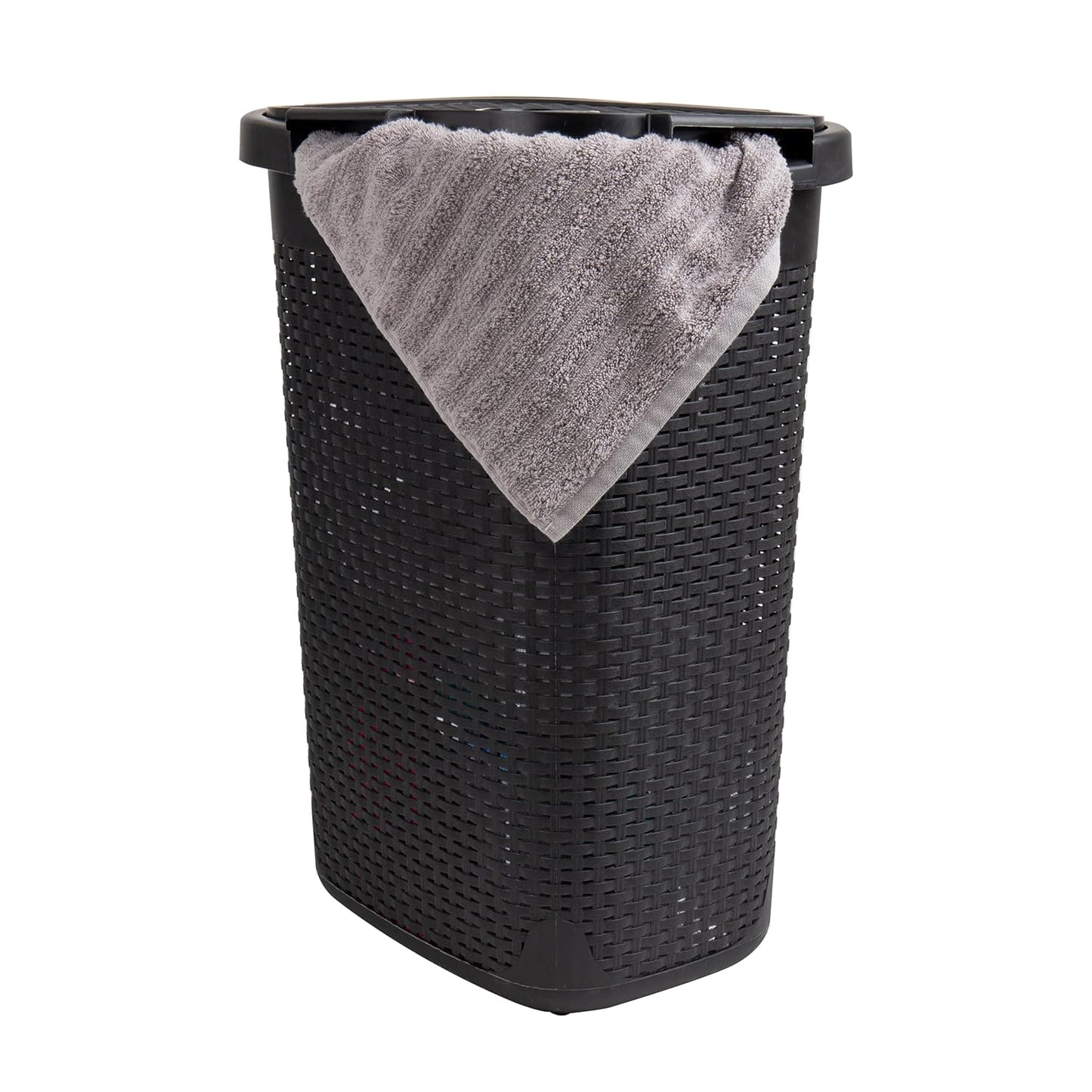 Mind Reader 60L Slim Laundry Hamper, Clothes Basket, Lid, Wicker Design, Plastic, 17.65"L x 13.75"W x 24.15"H, Black