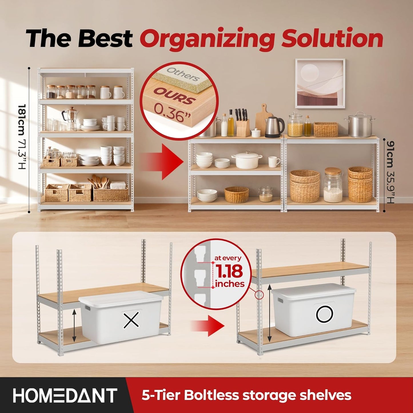HOMEDANT 5 Tier Storage Shelves Adjustable Laminated Boltless Garage Metal Shelving Unit Heavy Duty Utility Rack Shelf Warehouse Pantry Closet Kitchen (4, (XL Deep) 48.1" W, White)
