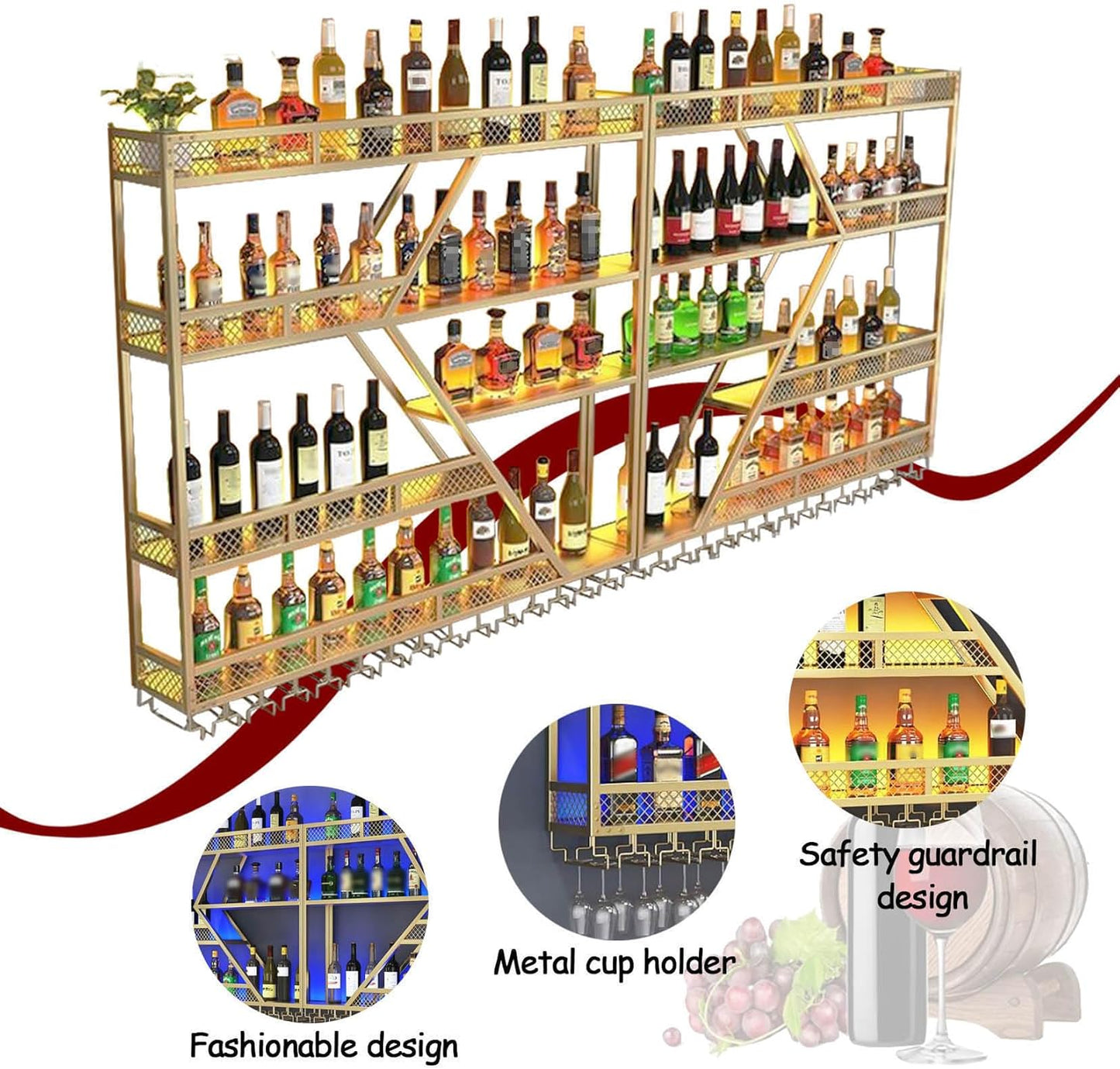 95in Wall Mounted Wine Rack, Large Metal Wine Bottle Holder , 3 Tier Modern Fashion Diamond Shaped Floating Bar Unit Wine Storage Shelves, for Home Restaurant Bars Decor (Black, 3 Tier - 95in)