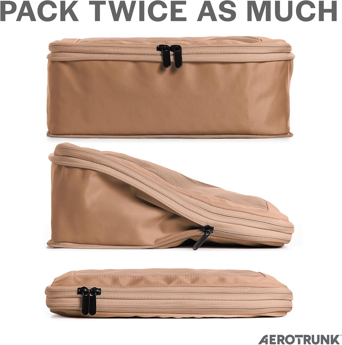Aerotrunk Compression Packing Cubes for Travel - Luggage Organizer Bags - Double Zipper Packing Cubes for Suitcases (2-Pack, Mocha)