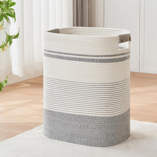 DOFASAYI Laundry Hamper - 85L Large Laundry Basket with Leather Handles, Decorative Storage Basket for Blankets - Clothes Hamper for Living Room, Bedroom, Grey & White