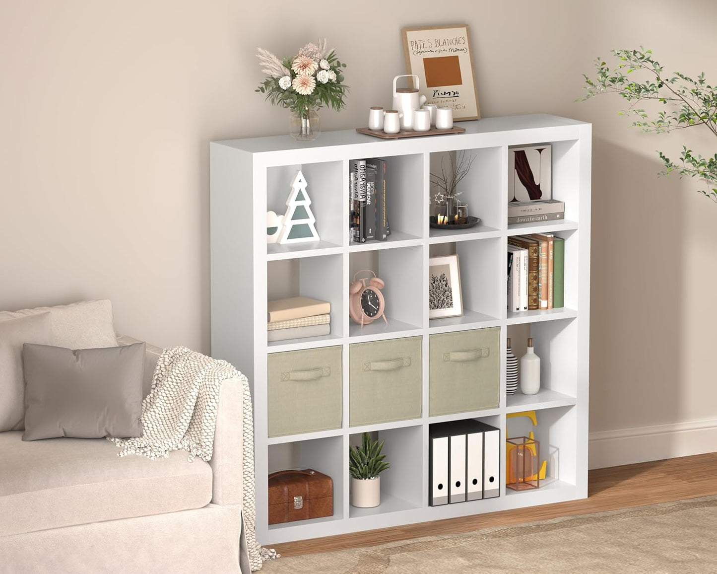 furtble Bookshelf with Storage Bins, 16-Cube Storage Organizer with Back Panels, Modern Wood Open Bookcase, Multifunctional Display Shelf for Living Room, Bedroom, Home Office, White