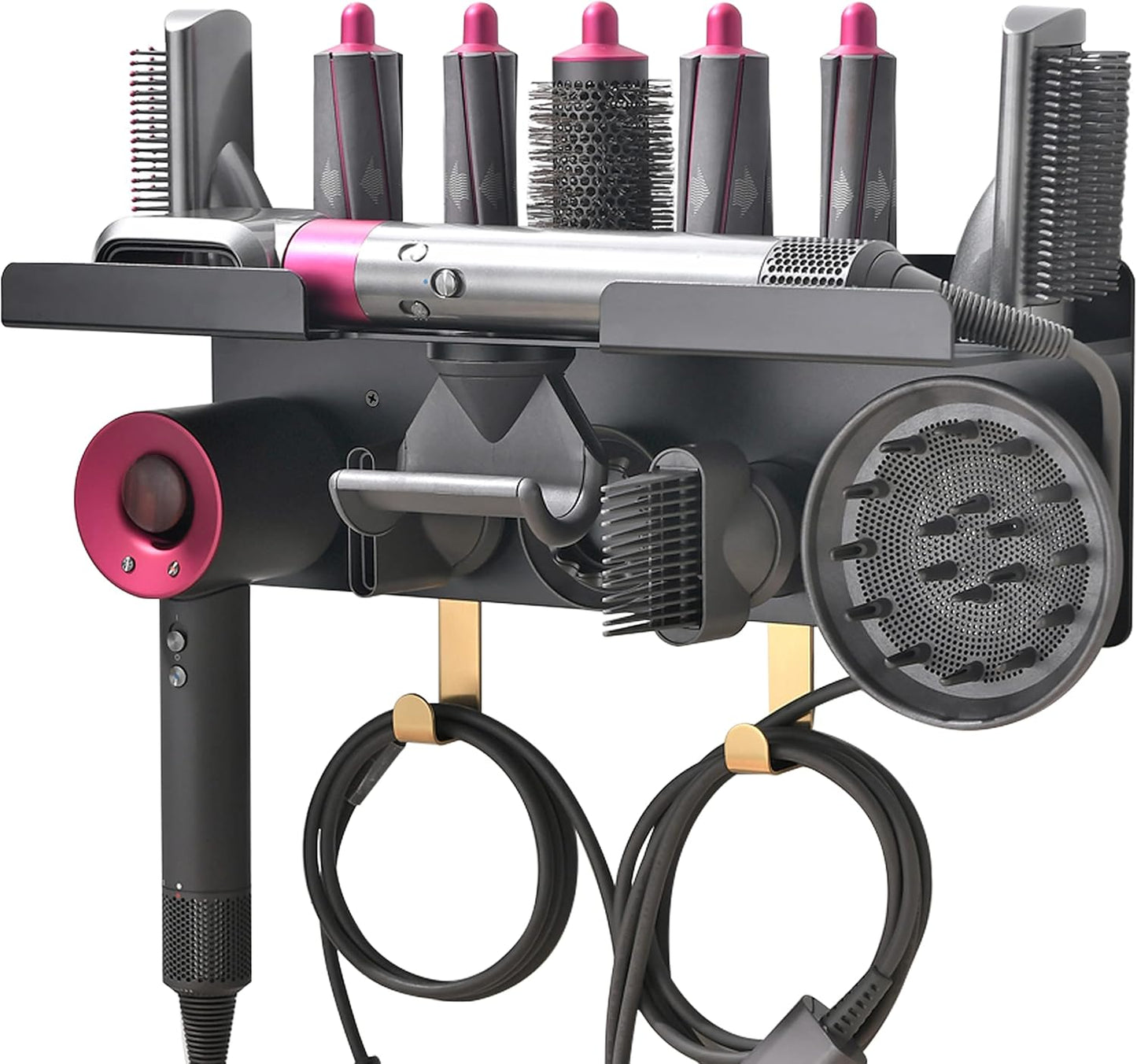 Wall Mount Holder for Dyson Styler Supersonic Hair Dryer, Nail-Free or Perforat Install, Organizer for Storage Attachments, Rack with Hooks for Accessories Nozzles Barrels Brushes