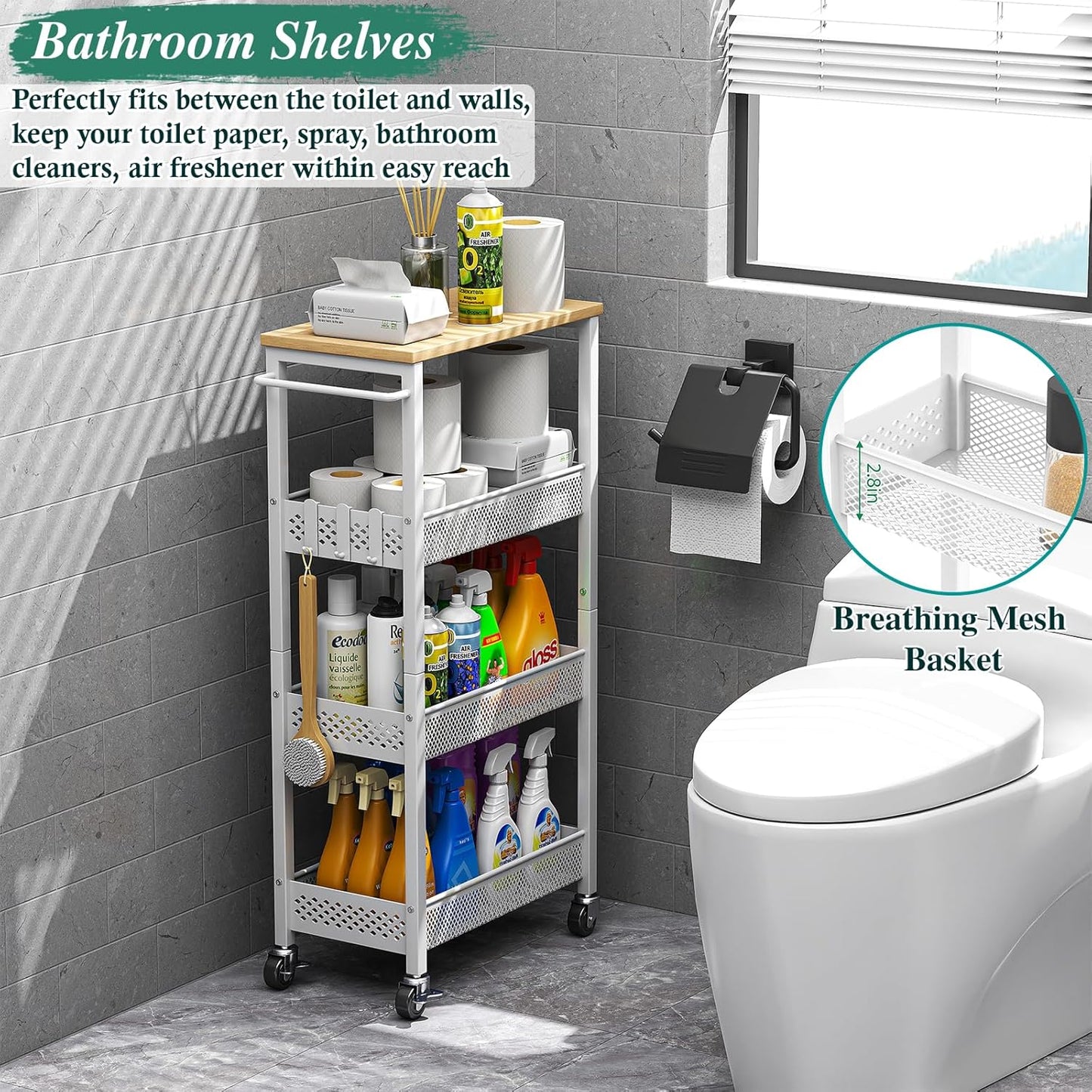 Utility Slim Storage Cart, 4-Tier Narrow Bathroom Organizers and Storage Cart, Narrow Metal Kitchen Laundry Room Organization Shelf with Wood Top, Slim Rolling Carts with Wheels for Small Space