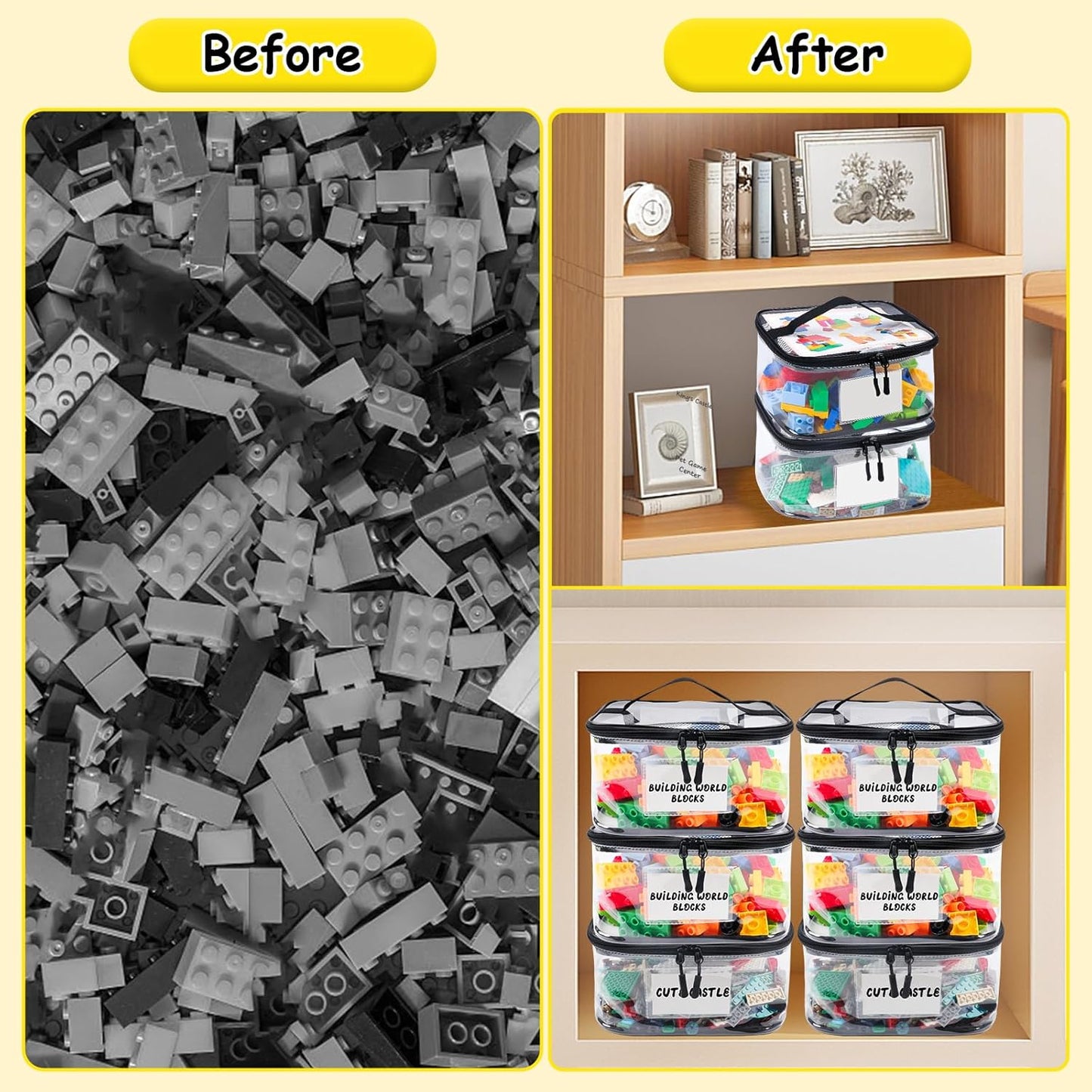 6 Pack Clear Toy Storage Bag with Name Tag& Manual Pocket, Waterproof Transparent PVC Toy Organizer Case for Lego Bricks, Board Games, Building Blocks, Puzzles (Large Capacity, Black)