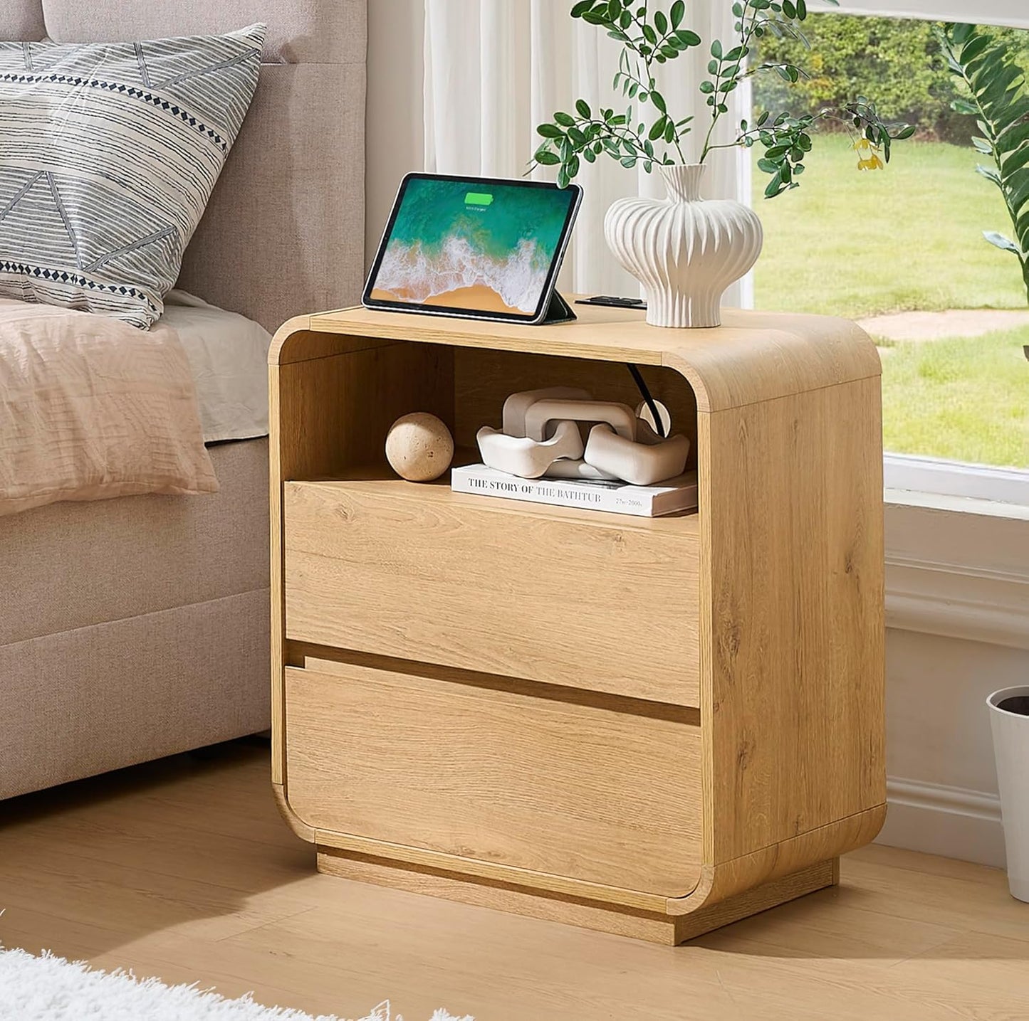 Curved Night Stand Set of 2, 23.2" Large Wood Farmhouse Nightstand with Charging Station & 2 Storage Drawers Bedside Table, Modern End Table for Bedroom, Living Room, Natural