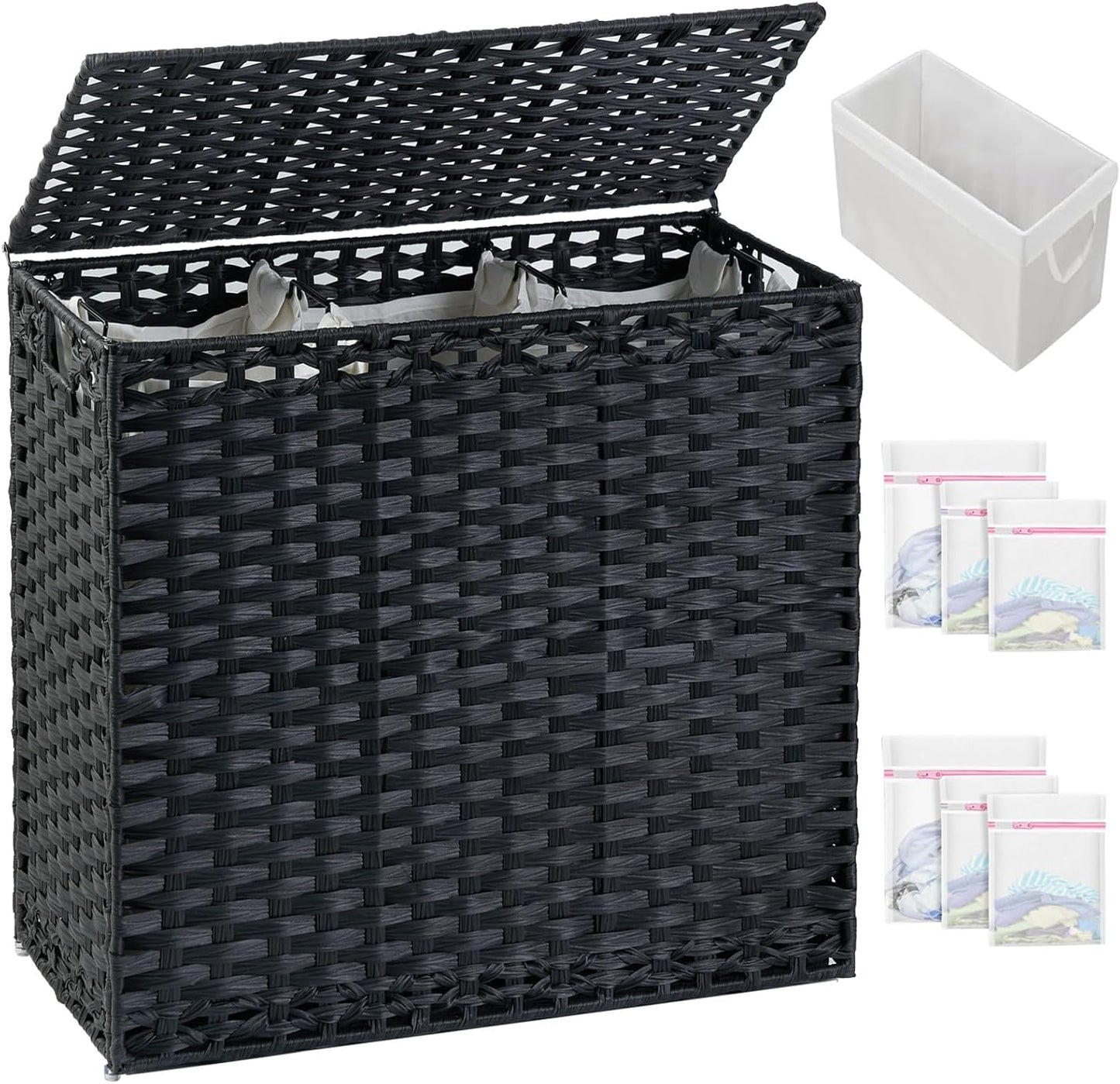 Laundry Hamper with Lid Laundry Basket 132 L (35 Gal) Wicker Clothes Hamper, Handwoven Rattan Hamper with Handles and 4 Removable Liner Bags, 6 Mesh Bags for Laundry Bedroom Black