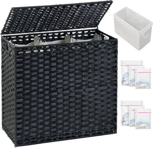 Laundry Hamper with Lid Laundry Basket 132 L (35 Gal) Wicker Clothes Hamper, Handwoven Rattan Hamper with Handles and 4 Removable Liner Bags, 6 Mesh Bags for Laundry Bedroom Black
