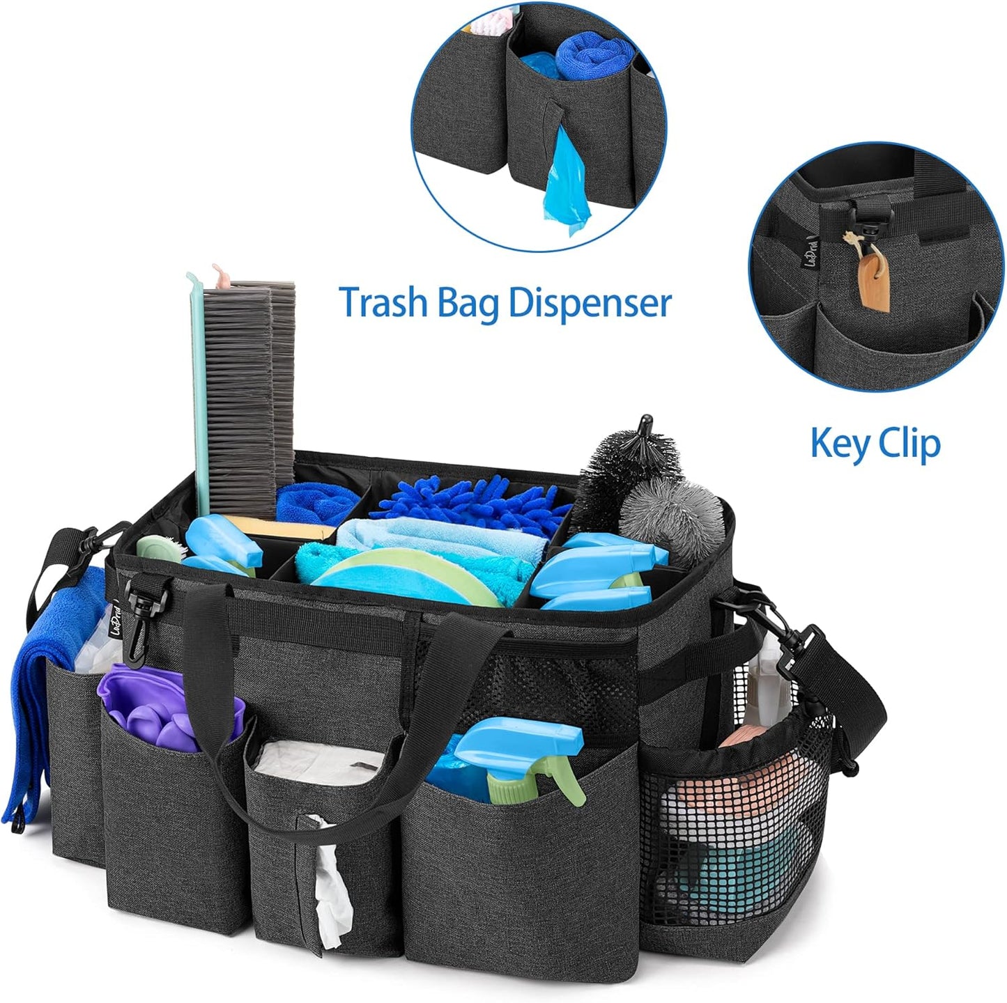 LoDrid Wearable Cleaning Caddy Bag with 4 Foldable Dividers, Cleaning Supply Organizer with Shoulder Strap and Side Handles for Cleaners & Housekeepers, Black