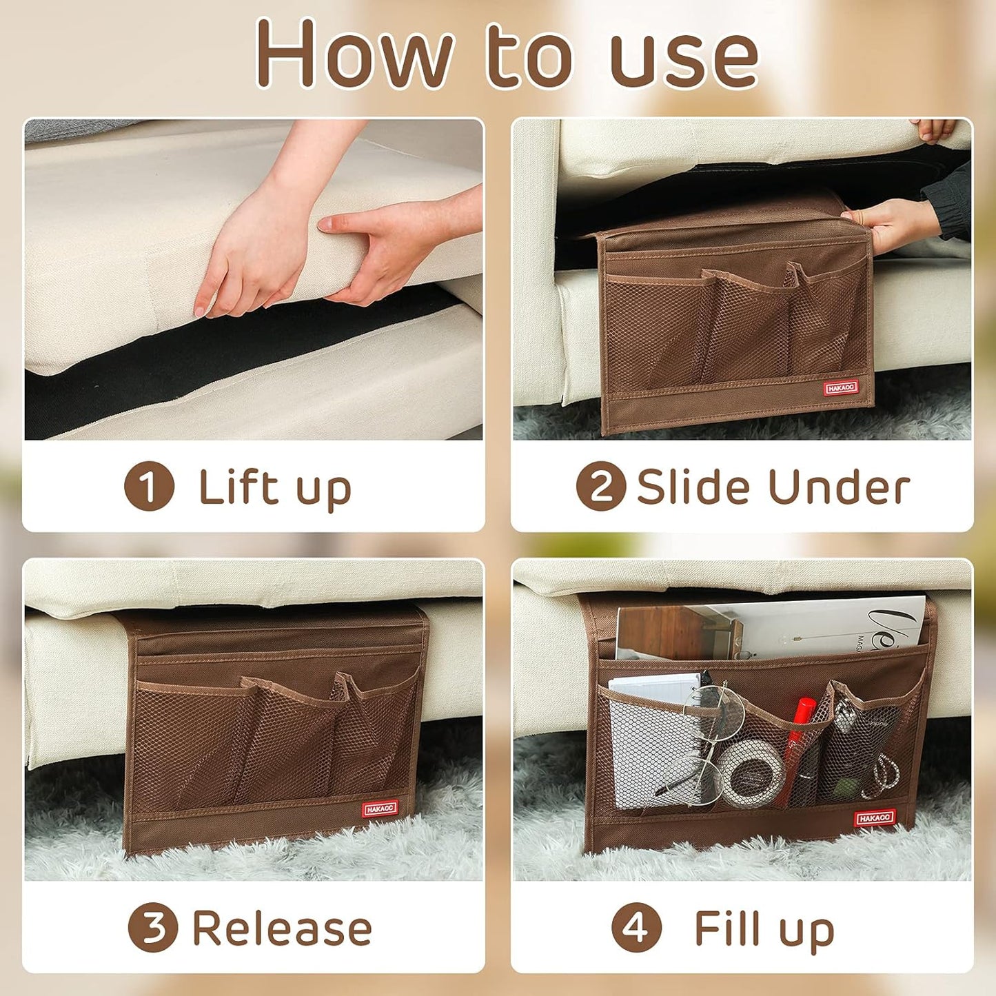 HAKACC Bedside Organizer, Bedside Storage Caddy Organizer with Hanging Pocket, Remote Holder for Bed Accessories, Brown