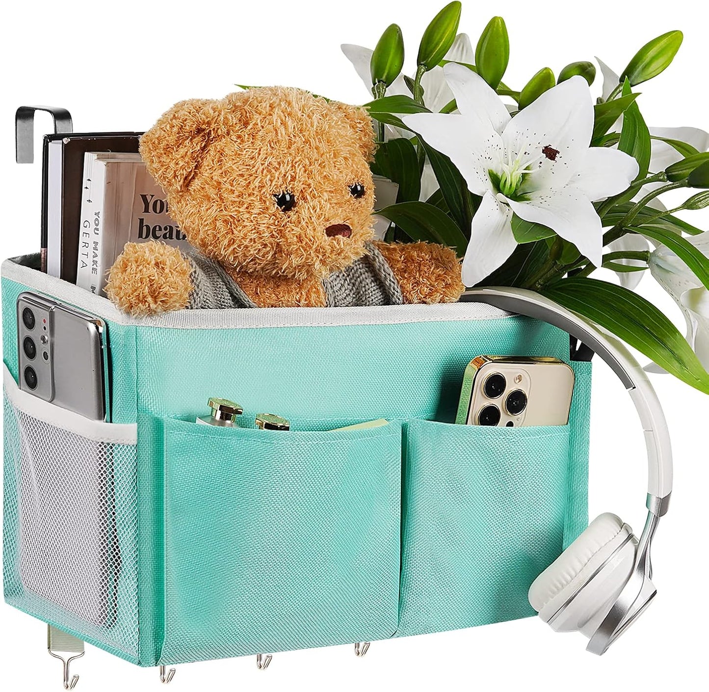 Bedside Storage Organizer 5 Pockets with 4 Hooks Hanging Storage Bag for Headboards/Bunk Bed (Light Green)