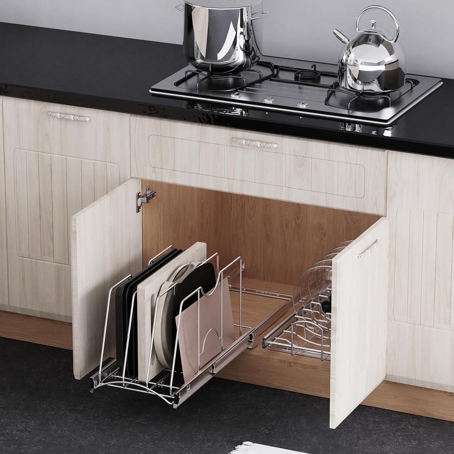 Pull Out Cookie Sheet Organizer for Cabinet, Pan and Pot, Cutting Board, Bakeware, Tray Organizer Rack, Sliding Rack- Heavy Duty, Adjustable Divider Width, 10" W x 22" D x 11" H, Chrome