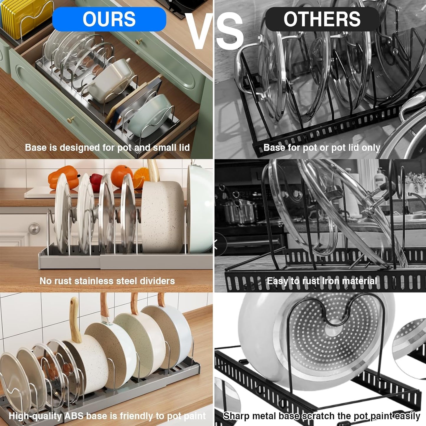 2 Pack Pots and Pans Organizer Under Cabinet, 22" Expandable Food Storage Container Lid Organizers with 9 Adjustable Dividers Pot and Pan Lid Holders Rack Inside Cabinet/Countertop(Gray)