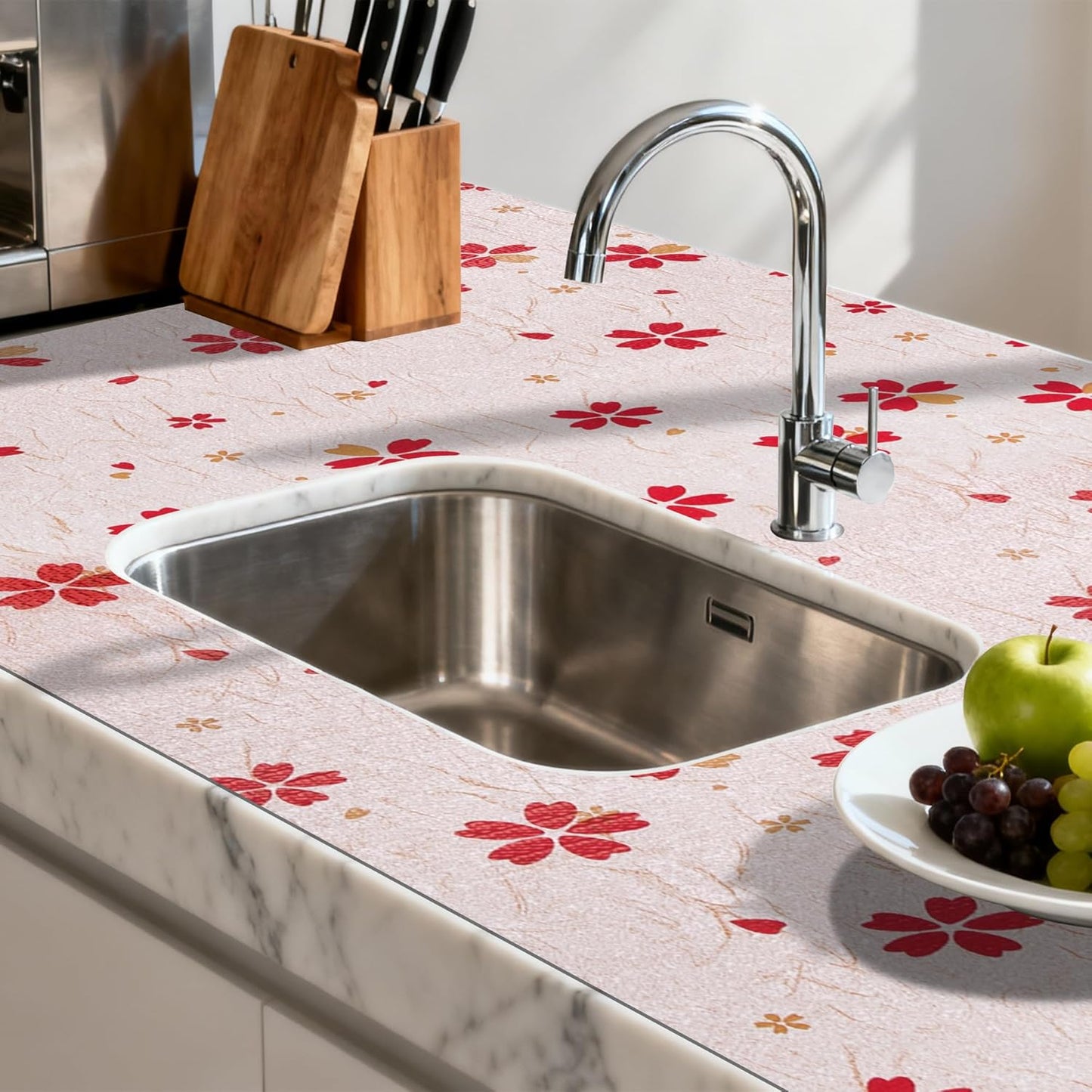 FIFTY FEET 18"x96" Non-Adhesive Shelf Liner for Kitchen Cabinets and Drawers, Washable Non-Slip PVC Cabinet Liner (Red Floral)(1 Roll)