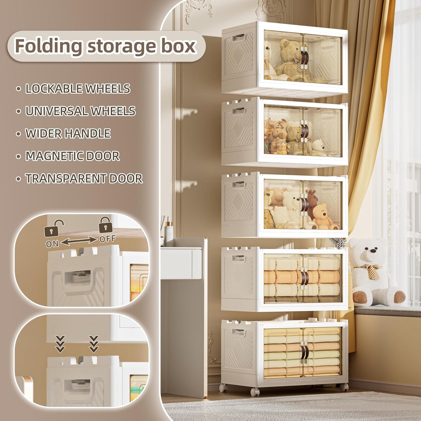 332 QT / 83 Gal Extra Wide Foldable Plastic Cabinet with Double Magnetic Doors & Leather Handles - Stackable, 4 Locking Wheels, Space Saving Storage for Small Spaces