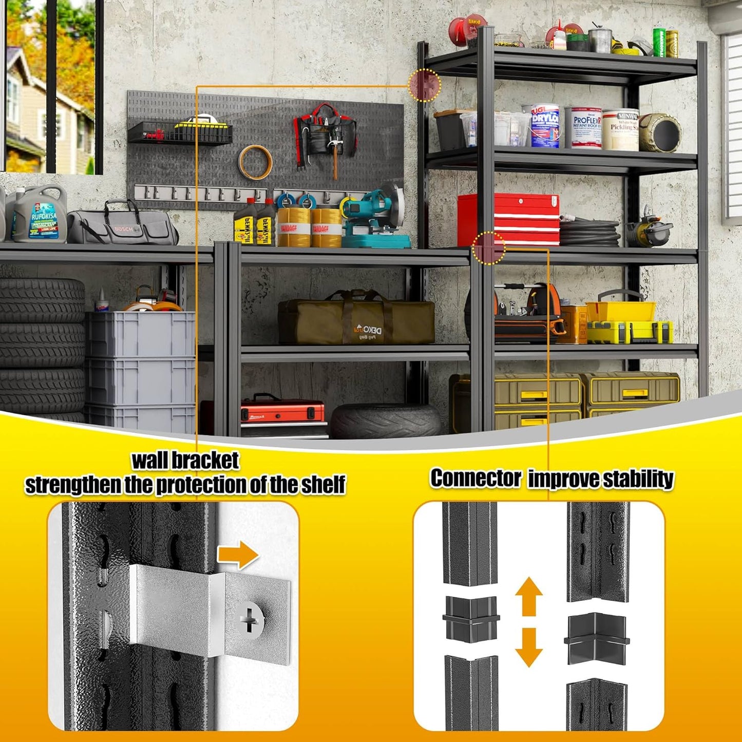 Storage Shelves, Garage Metal Shelving Unit, Adjustable, Double-Layer Column with Reinforced Ribs, Heavy-Duty, Capable of Bearing 600-3600 lbs (Balck, 47''W*24''D*77''H, 5-Tier)