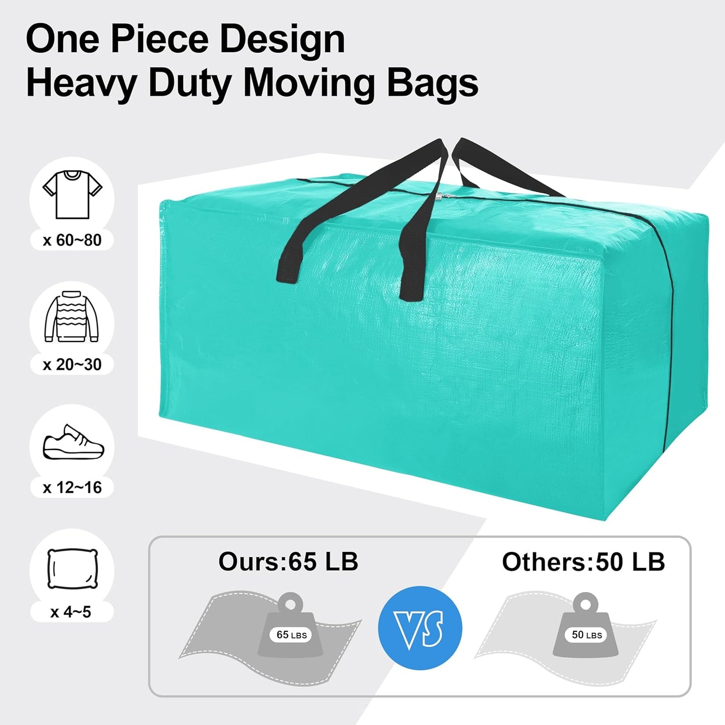 12 Pack Heavy Duty Large Moving Bags W/Backpack Straps - Strong Handles & Zippers, Storage Totes For Space Saving, Fold Flat, Alternative to Moving Box and Storage Bin, Aquamarine