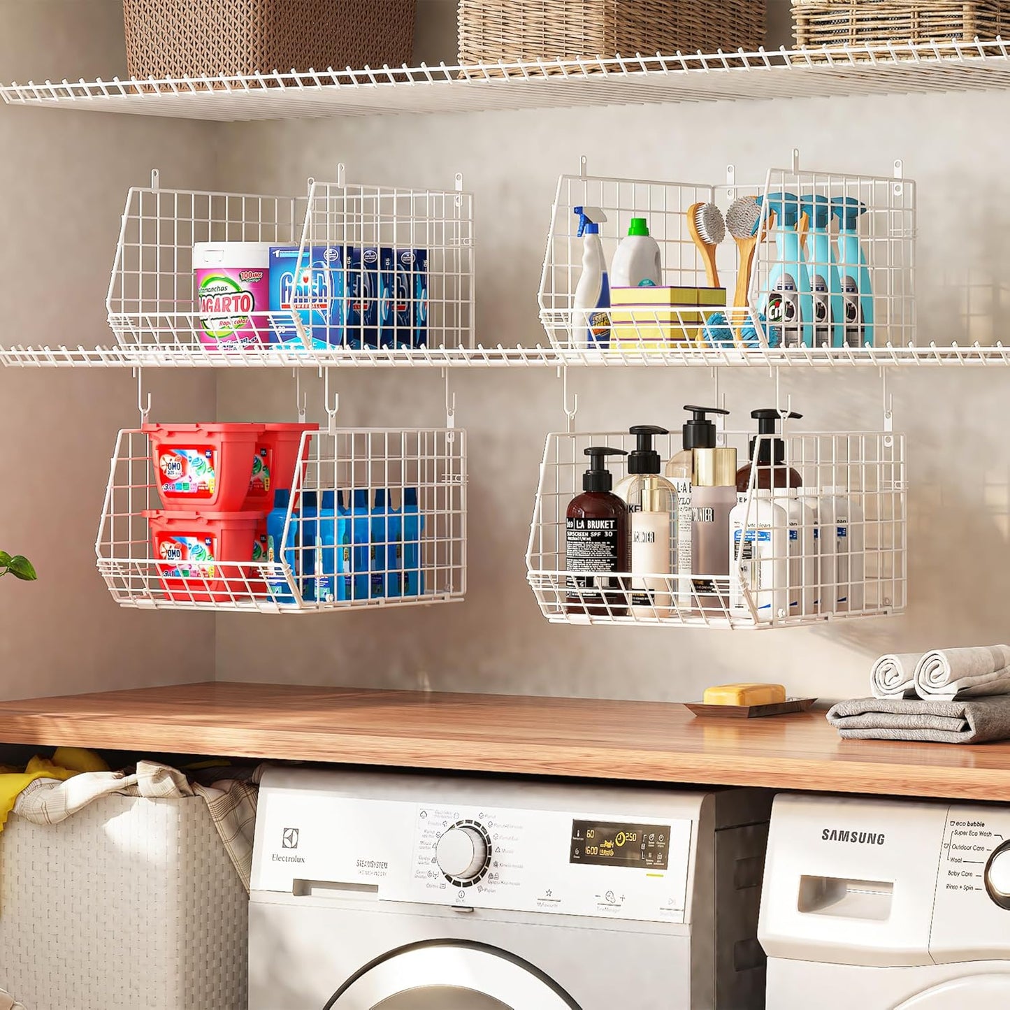 4" Extra Deeper Foldable Hanging Closet Organizer, Small Wire Cabinet Shelves and Storage with 5 S Hooks,4 Tier Metal Basket Bins for Clothes Sweaters Handbags, Wardrobe for Kitchen Laundry Room，White