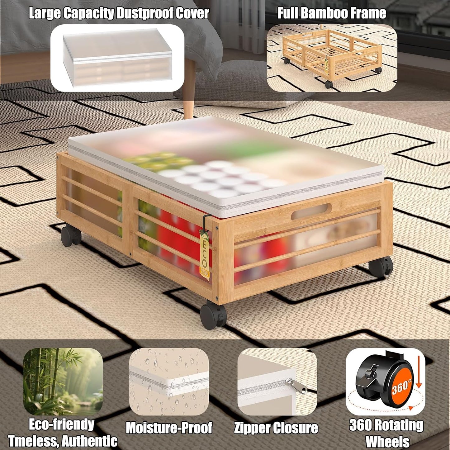 Bamboo Underbed Storage Containers with Wheels & Bag 2 Pack, Large Under Bed Rolling Storage Bins Wood Under Bed Clothes Storage Stackable Drawers for Bedroom Closet Under Crib Toy(Natural)