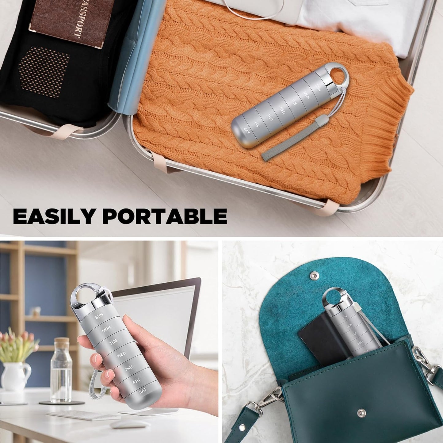 Zannaki Metal Travel Pill Organizer, Portable Waterproof Weekly Pill Box, Large Aluminum Alloy Pill Case Container, BPA Free 7 Day Daily Medicine Organizer Holder for Vitamin, Fish Oil, Supplement