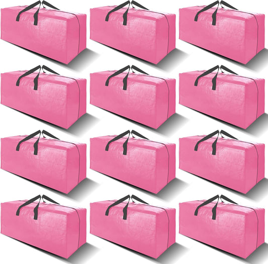 12 Pack Heavy Duty Large Moving Bags W/Backpack Straps - Strong Handles & Zippers, Storage Totes For Space Saving, Fold Flat, Alternative to Moving Box and Storage Bin, Pink