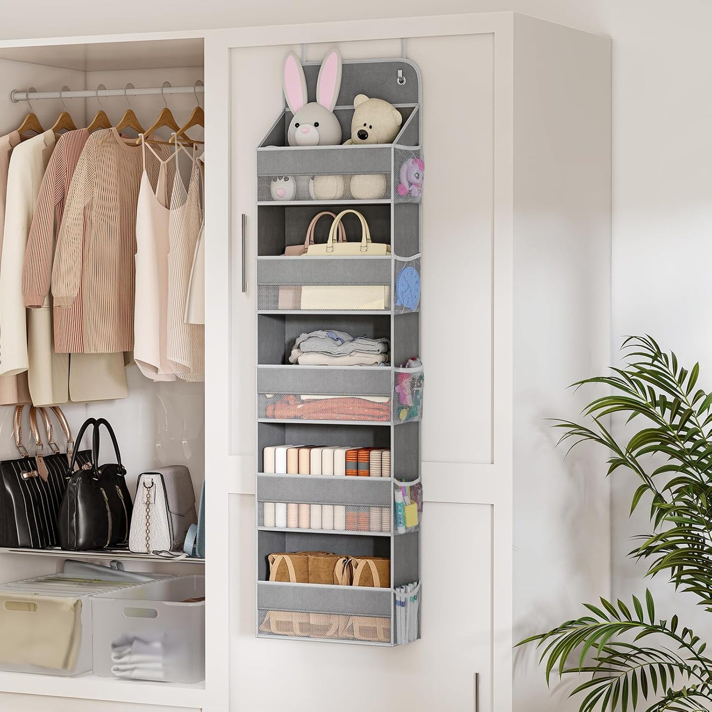 LAMU 5 Tier Over The Door Organizer Hanging, Swing - Proof Closet Behind Door Storage with 5 Large Pocket and 10 Side Pockets, Back of Door Organizers for Bedroom, Nursery and Bathroom (2 Pack, Grey)