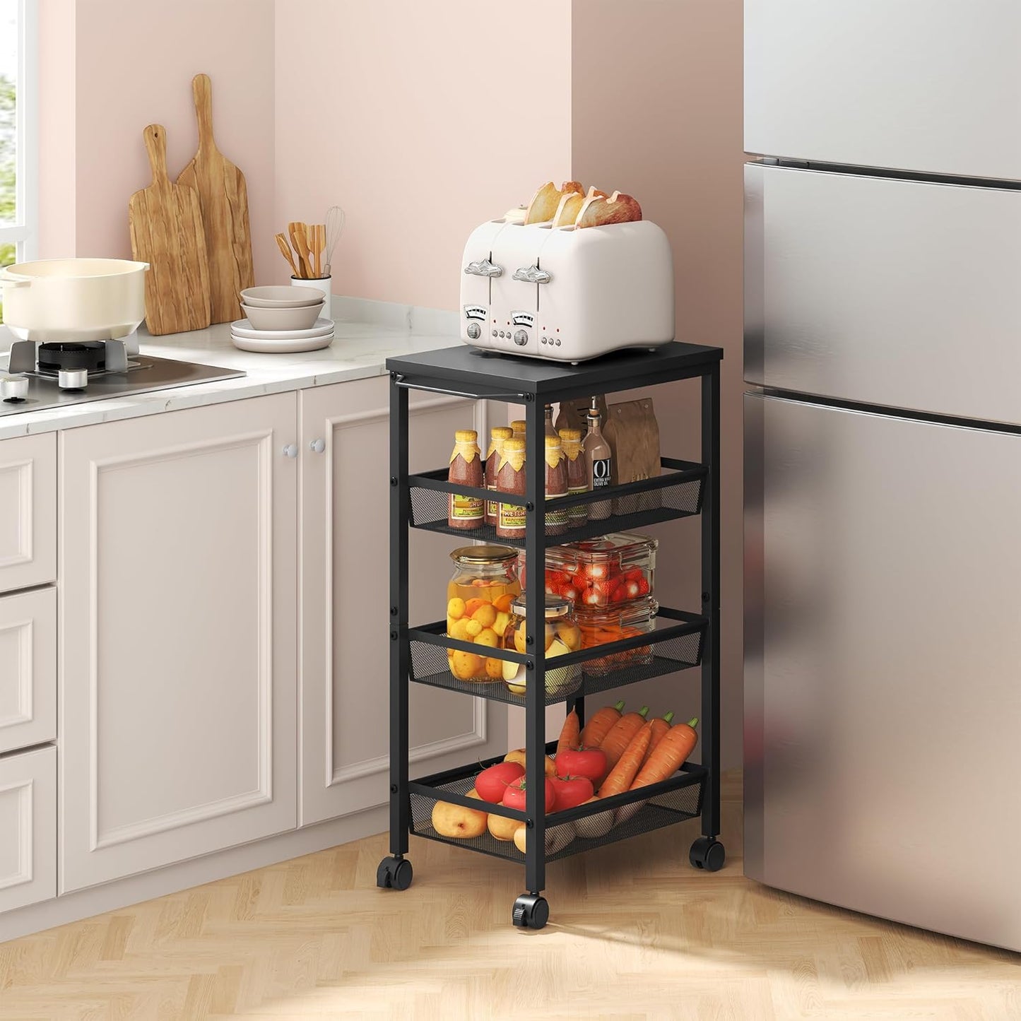 Hoctieon Rolling Storage Cart, 4-Tier Wide Panel Rolling Kitchen Storage Cart, Utility Cart with Handle & Wheels, Mobile Shelving Unit, Metal Frame Narrow Cart for Home Kitchen, Laundry, Black