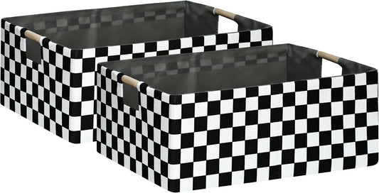 Checkered Storage Basket Foldable Nursey Box | 16.9" Storage Cube for Women Closet Organizer Boys Car Toys Bins with Handles | Sturdy Cardboard & Washable Fabric 2Pack