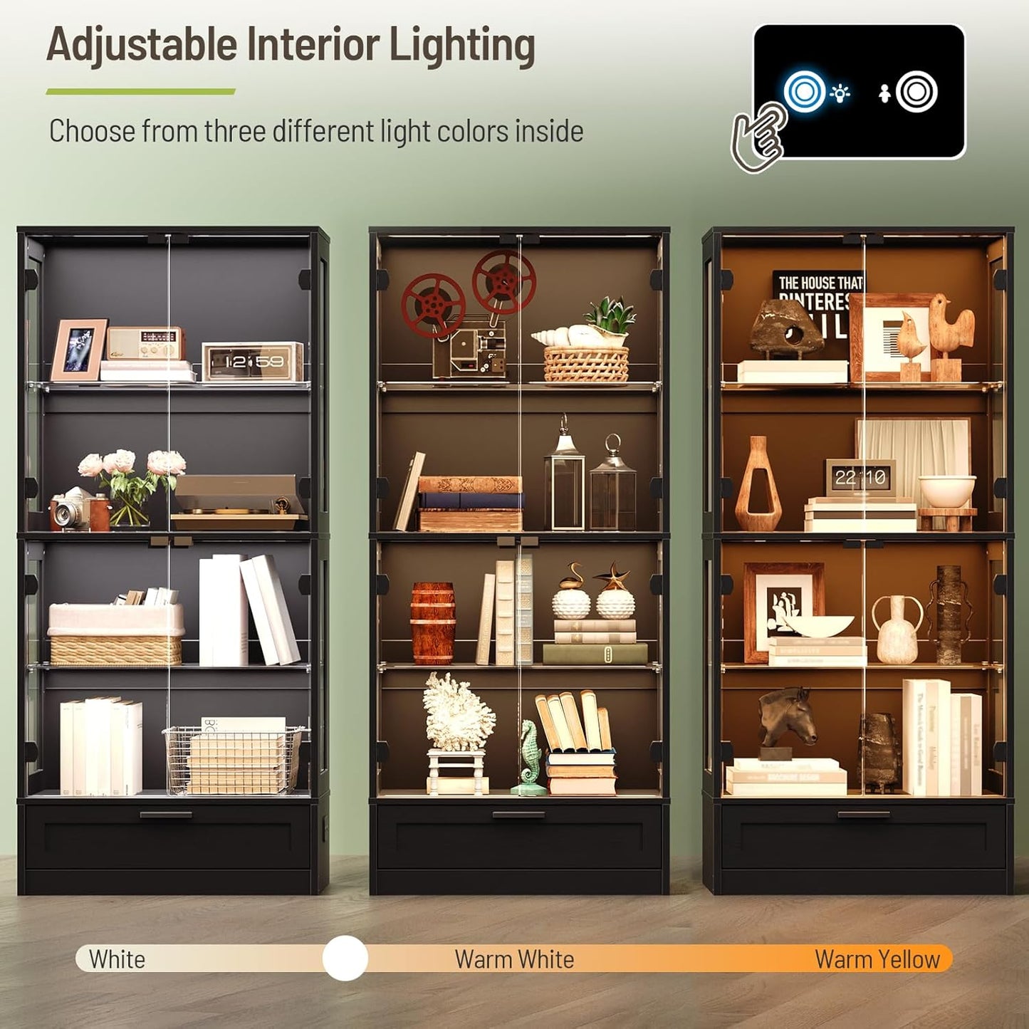 Display Cabinet with Glass Doors, 61" 4-Tier Glass Display Case with Drawer, 3 Color Lights, Auto-On Sensor, 4 Tempered Glass & 3-Tier Acrylic Shelves for Collectibles Showcase, Black