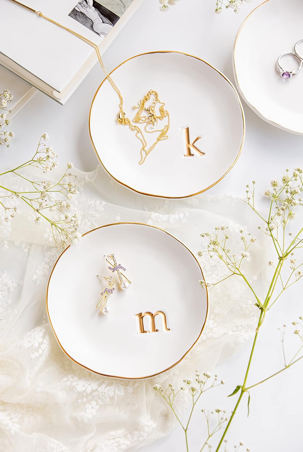 COLLECTIVE HOME - Ceramic Jewelry Tray, Decorative Trinket Dish for Rings Earrings Necklaces Bracelet Watch Keys, Birthday Mother's Day Christmas Gift for Women, 4.75", White Surface (E)