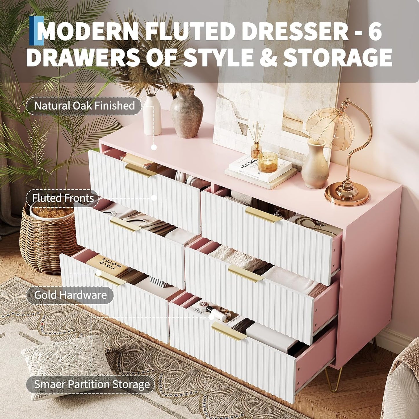 Garvee Fluted Dresser for Bedroom with 6 Drawers,47" Wide Modern Chest of Wooden Bedroom Chest with Metal Handle,Clothes Storage Organizer,Closet Dresser & TV Stand for Living Room,Hallway,6&Pink