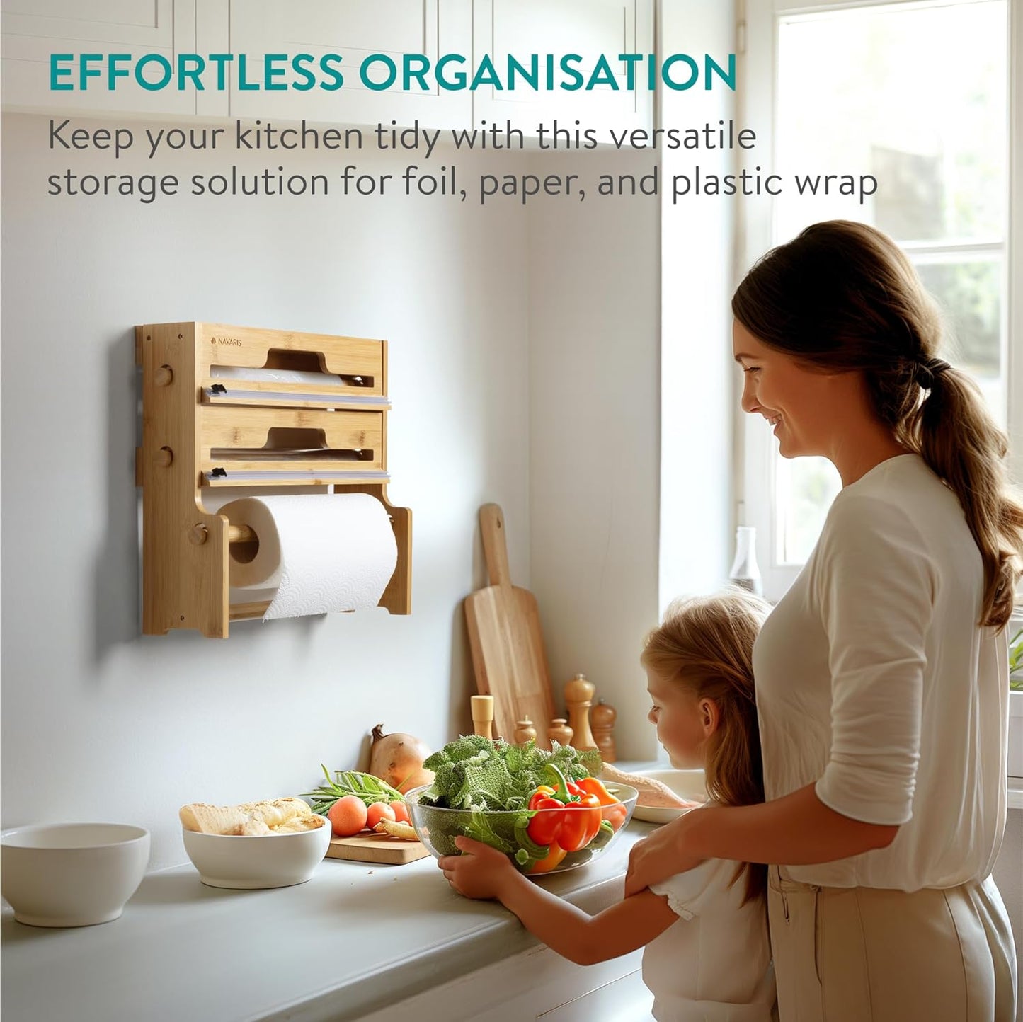 Navaris 3 in 1 Cling Film Dispenser with Cutter - Space Saving Kitchen Roll Storage and Foil Organizer - Bamboo Tin Foil and Clingfilm Holder with Utensil Area - Wall Mount Option