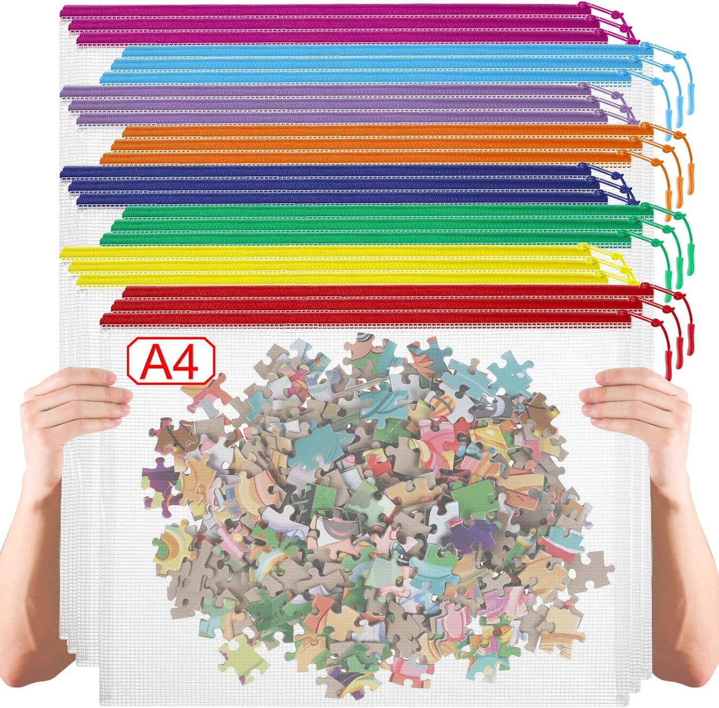24 Pack 8 Color A4 Mesh zipper pouch bags, Storage Bags, File Bags for Classroom Organization, Zipper Pouches of office supplies, Puzzles, Board Game Storage