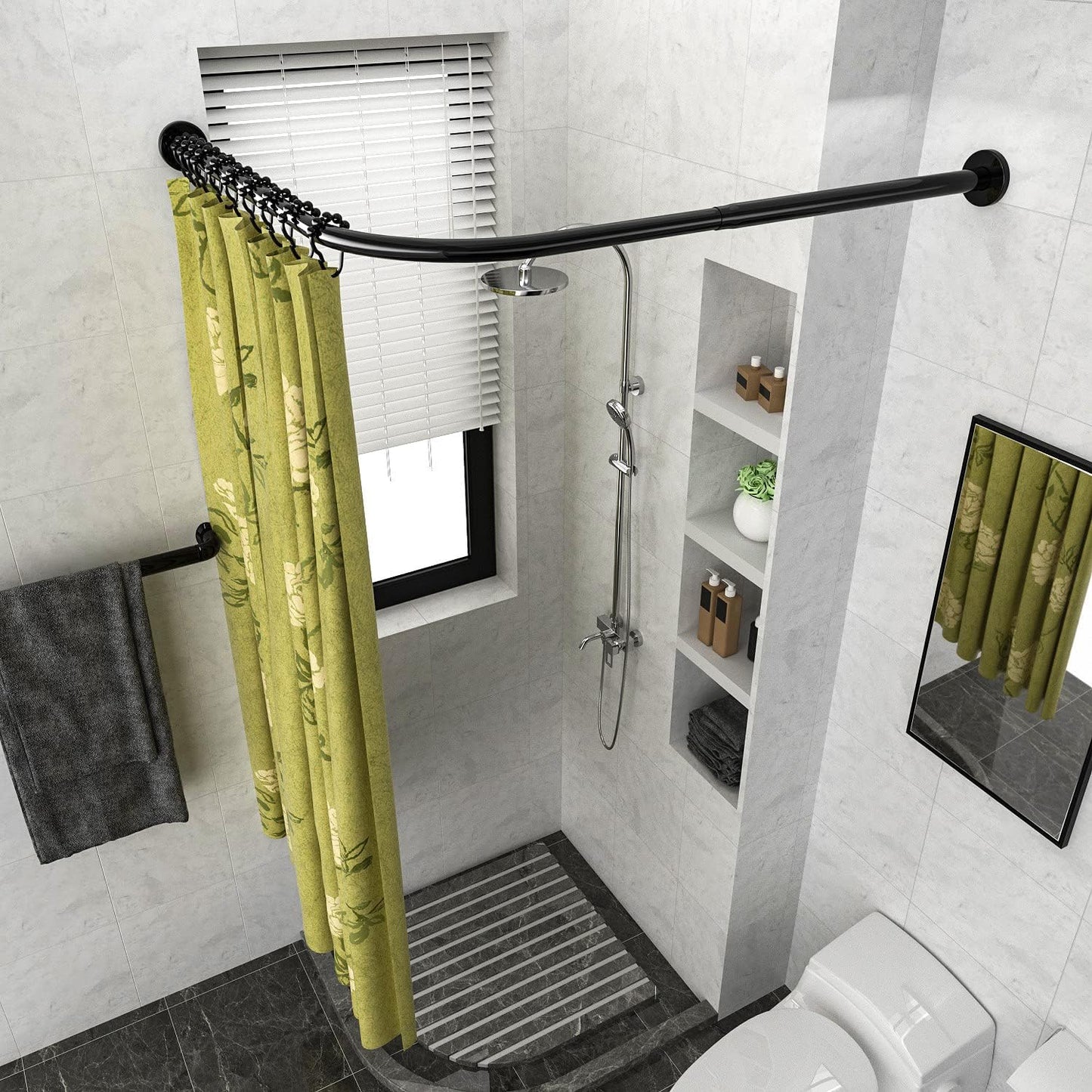 Corner Shower Curtain Rod Adjustable Stainless Steel L Shaped Rack Drill Free Install for Bathroom, Bathtub, Clothing Store (Black, 27"-39"x27"-39")